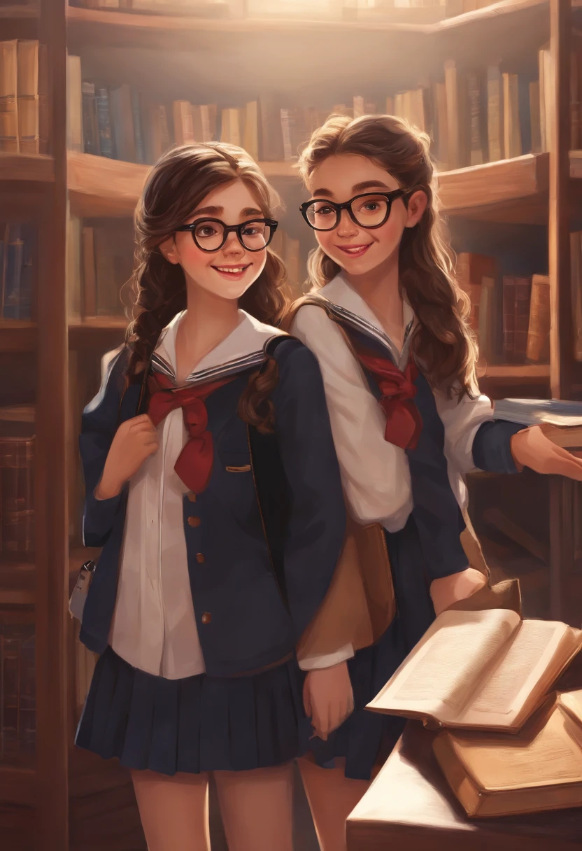 European and American middle school girls,in school uniform,ssmile,wearing school bag,Books in hand,Wears black-framed glasses