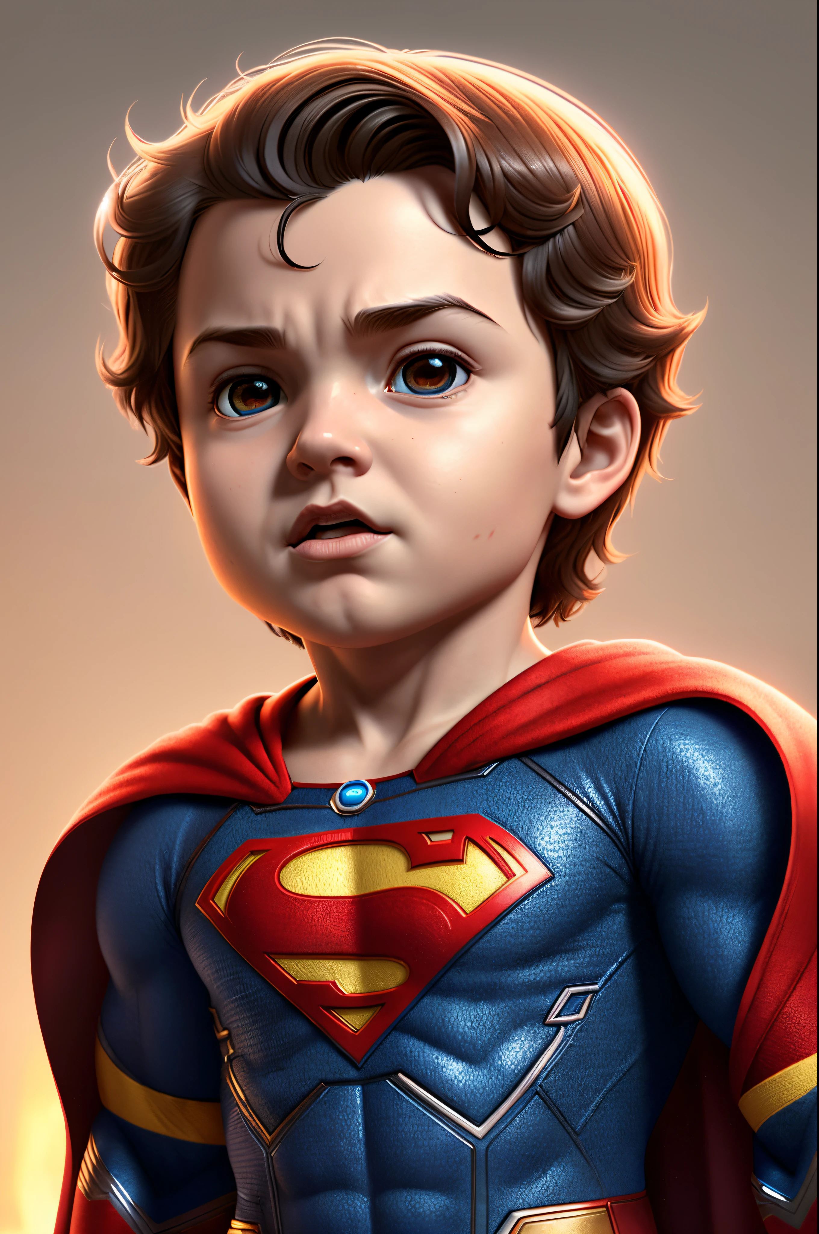 Close a powerful threat, The imposing appearance of the powerful baby-shaped Superman dressed in beige uniform, azul-marinho e bronze em uma manjedoura, menacing stare, ricamente detalhado, Hiper realista, 3D-rendering, obra-prima, NVIDIA, RTX, ray-traced, Bokeh, Night sky with a huge and beautiful full moon, estrelas brilhando, 8k,