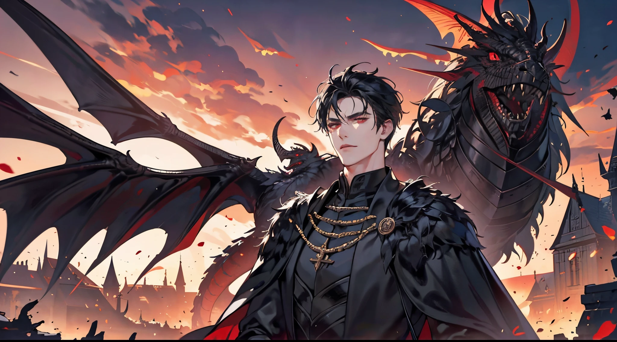 one male with a feathered dragon, adult, adult face, short messy black hair, handsome, beautiful, dark red eyes, condescending, arrogant, royalty, tyrannical ruler, dark souls, condescending, calm, detailed, medieval castle background, close up,