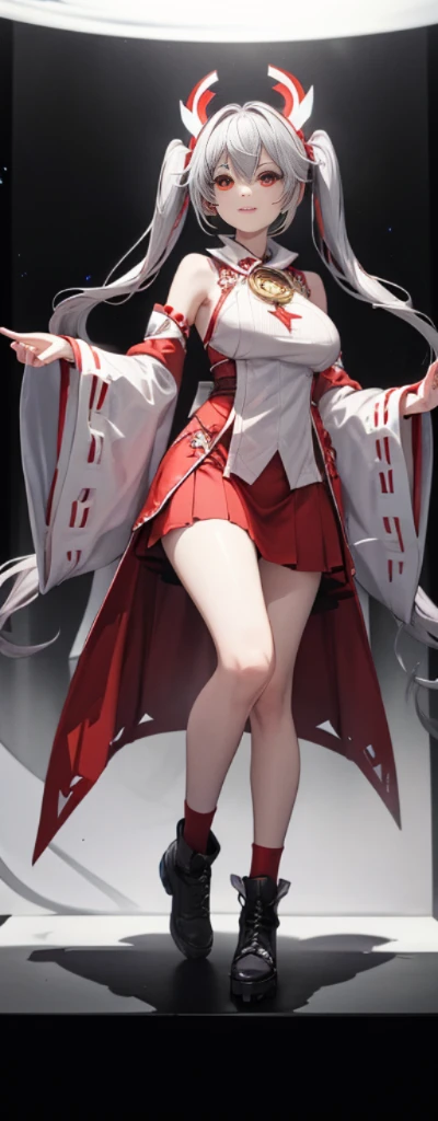 (Full body photo:1.4),white backgrounid,(1 Witch,Flash fluorescence,Hats,Stylish miko costume,Delicate headgear,ssmile),(paper art,Quilted paper art,geometry),(Lots of colors,Best quality,high detal,tmasterpiece,movie light effect,4K,lightand shade contrast),Colossal tits,Red clothes,pigtails,Blue knee-length socks,luminous totem,red - eyed,Silver hair,pigtails