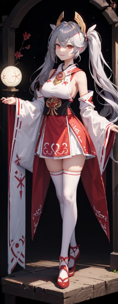 (Full body photo:1.4),white backgrounid,(1 Witch,Flash fluorescence,Hats,Stylish miko costume,Delicate headgear,ssmile),(paper art,Quilted paper art,geometry),(Lots of colors,Best quality,high detal,tmasterpiece,movie light effect,4K,lightand shade contrast),Colossal tits,Red clothes,pigtails,Blue knee-length socks,luminous totem,red - eyed,Silver hair,pigtails