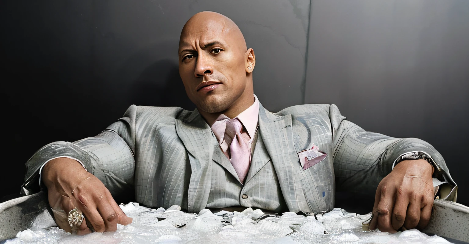 Image of well-dressed actor Dwayne Johnson lying in a bathtub full of money