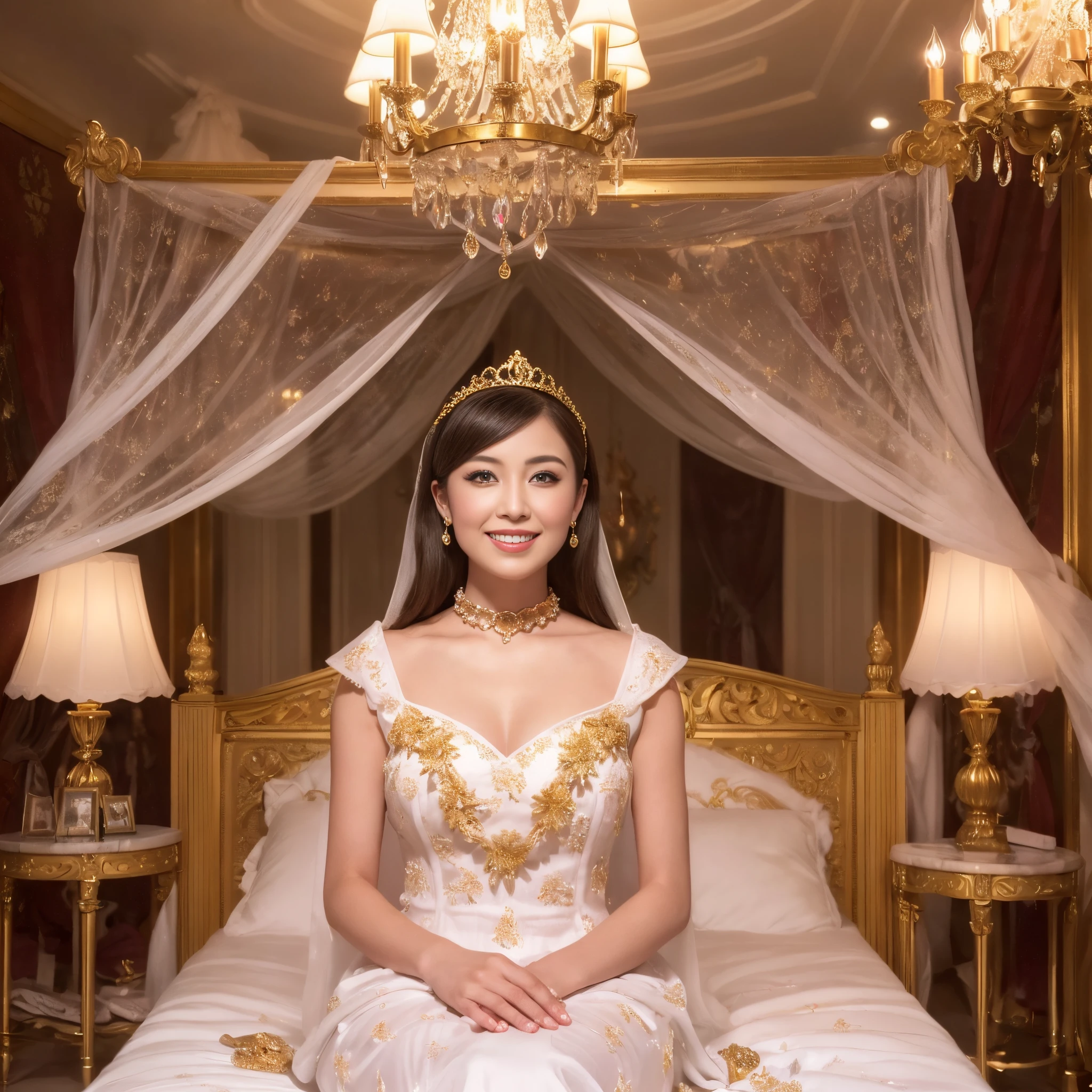 ((Best Quality, masutepiece, 超A high resolution、The most complex and detailed depictions、vivid and bright、Bright and vivid)),((Princess,Princess,Pretty Princess、large full breasts)),(full body Esbian,The whole body is shown,Sitting in bed),(Smile here,Big smile,View here,It's the perfect camera gaze),((finerly detailed face,Clean teeth,face perfect,perfect teeth,A slight smil,Perfect fingers,Perfect hands,Perfect five fingers)),beautiful tiara,Tiara and jewelry,Sparkling tiara,((Expensive VIP room in a gorgeous royal family,White and gold room,White and gold background,White marble, Sit on a plush bed,Sit on a plush bed,Huge bed luxurious royal bedroom complete interior,Luxuriously furnished beds,Large room,In a white dress,Jeweled dresses,Bejeweled dresses,Lots of gems,glitter dress,Detailed chandelier,Luxury beyond imagination,Inside the Royal Palace, Room decorated with many ornaments, ornate decorations,Dazzling light, gorgeous decoration、Embroidered crimson velvet,Beautiful canopy、very elegant,High ceiling with crystal chandeliers suspended))、best qualtiy,1girll,Princess Dresses,hair adornments,choker necklace,jewely,Beautiful expression,Red High Gloss Lipstick,Physical,dingdall effect,realisticlying,Dark Studio,edge lit,two tone lighting,(highdetailskin:1.2),8K Ultra HD, Digital SLR, softlighting, hightquality, volumettic light, Sneak Shots, Photore, hight resolution