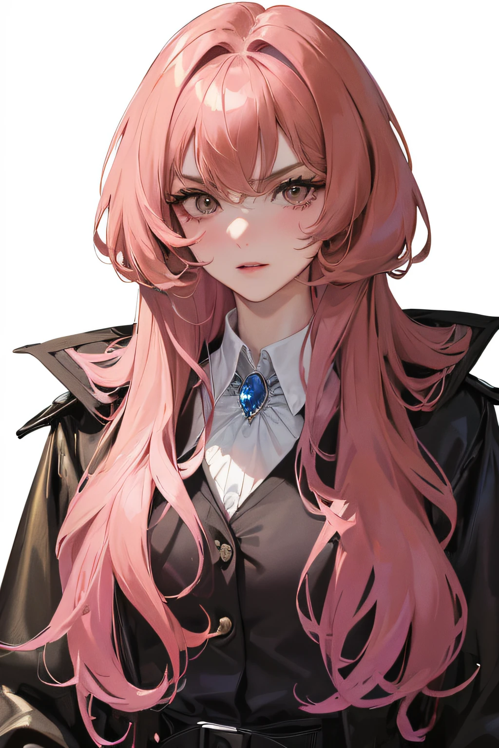 (Highest resolution, distinct_of the image) Best quality, A masterpiece of women, The content is very detailed, Semi-realistic,(Most of the body),Pink Long Hair, through bangs, 18yr old, young,Black accessories,Pink-purple flight suit,stand-up collared shirt,sharpy face,(Brown eyes, hair between eye), fluorescent long coat (brokenglass),(with a pure white background),Cold, Serious,authoritative,Strong,(Standing Picture),(exquisite facial features, exquisite facial features)