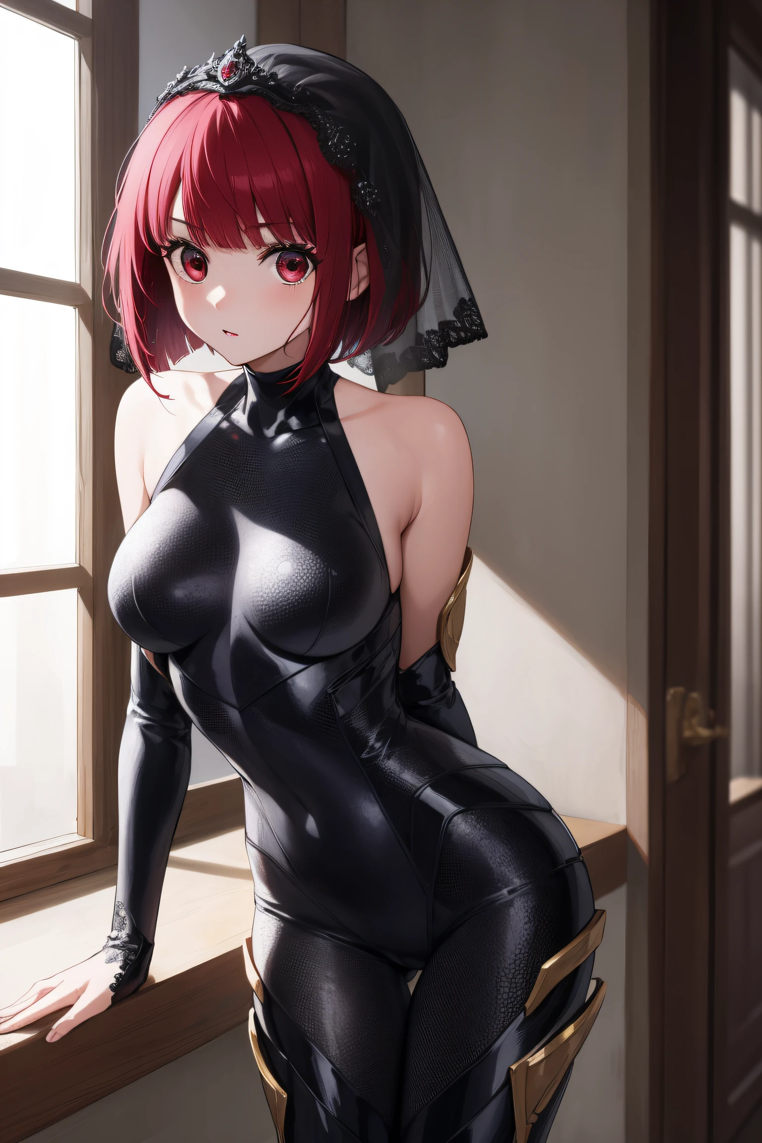 kanaarima, kana arima, bob cut, (red eyes:1.5), red hair, short hair,
BREAK armor, bodysuit, pauldrons, purple bodysuit, shoulder armor, thighs, veil, black veil,
BREAK looking at viewer,standing, leaning forward, arms behind back,
BREAK indoors, classroom,
BREAK (masterpiece:1.2), best quality, high resolution, unity 8k wallpaper, (illustration:0.8), (beautiful detailed eyes:1.6), extremely detailed face, perfect lighting, extremely detailed CG, (perfect hands, perfect anatomy),