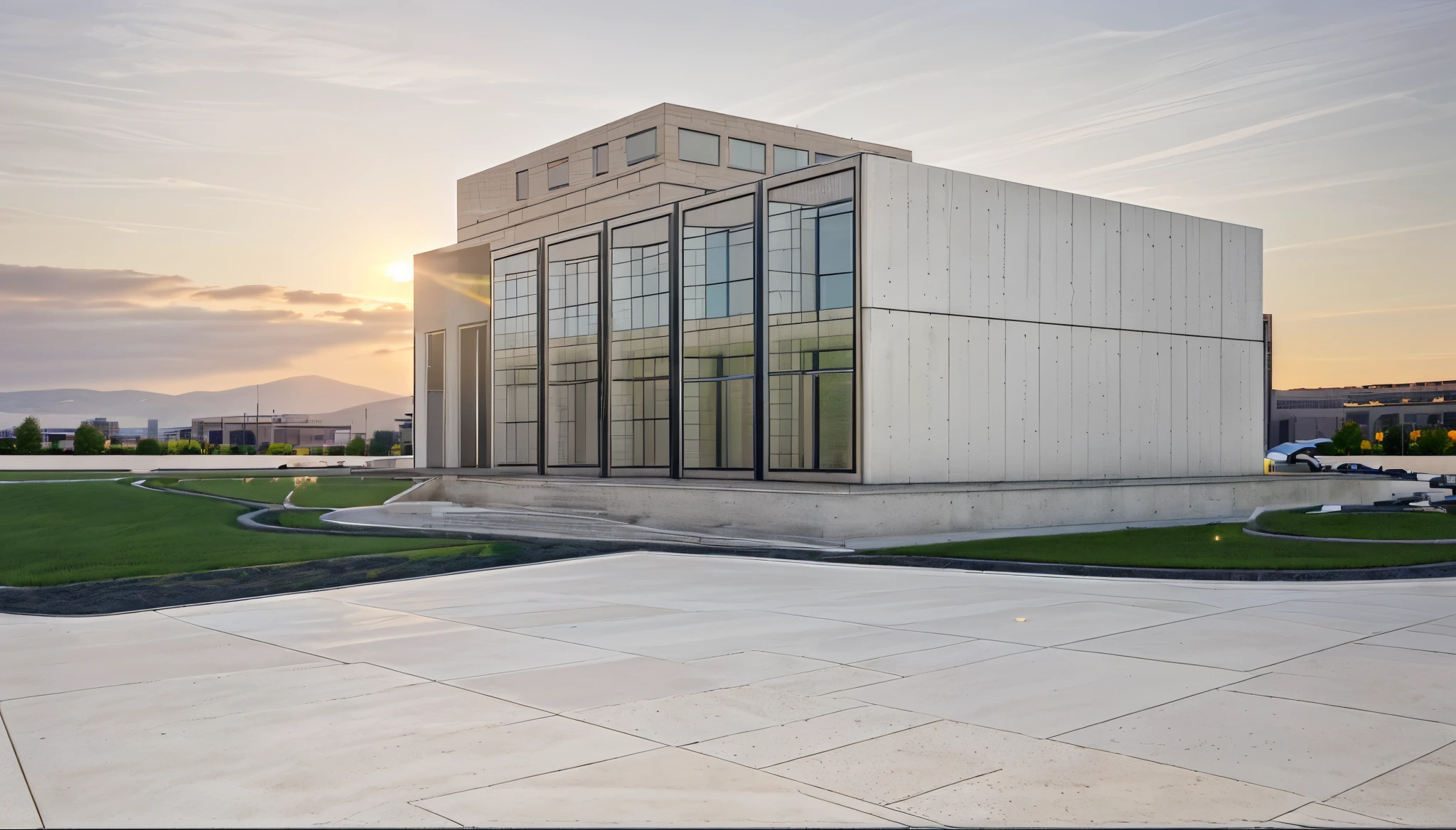 a rendering of a plaza in front of one office building, stone pathway to building and from right to left, one marble sculpture on the left and one steel sculpture on the right, hilly grass between building and plaza, ((nice grass lawn)), sunset, two point perspective, human perspective, realistic, ultra-detailed, photographic rendering, commercial rendering