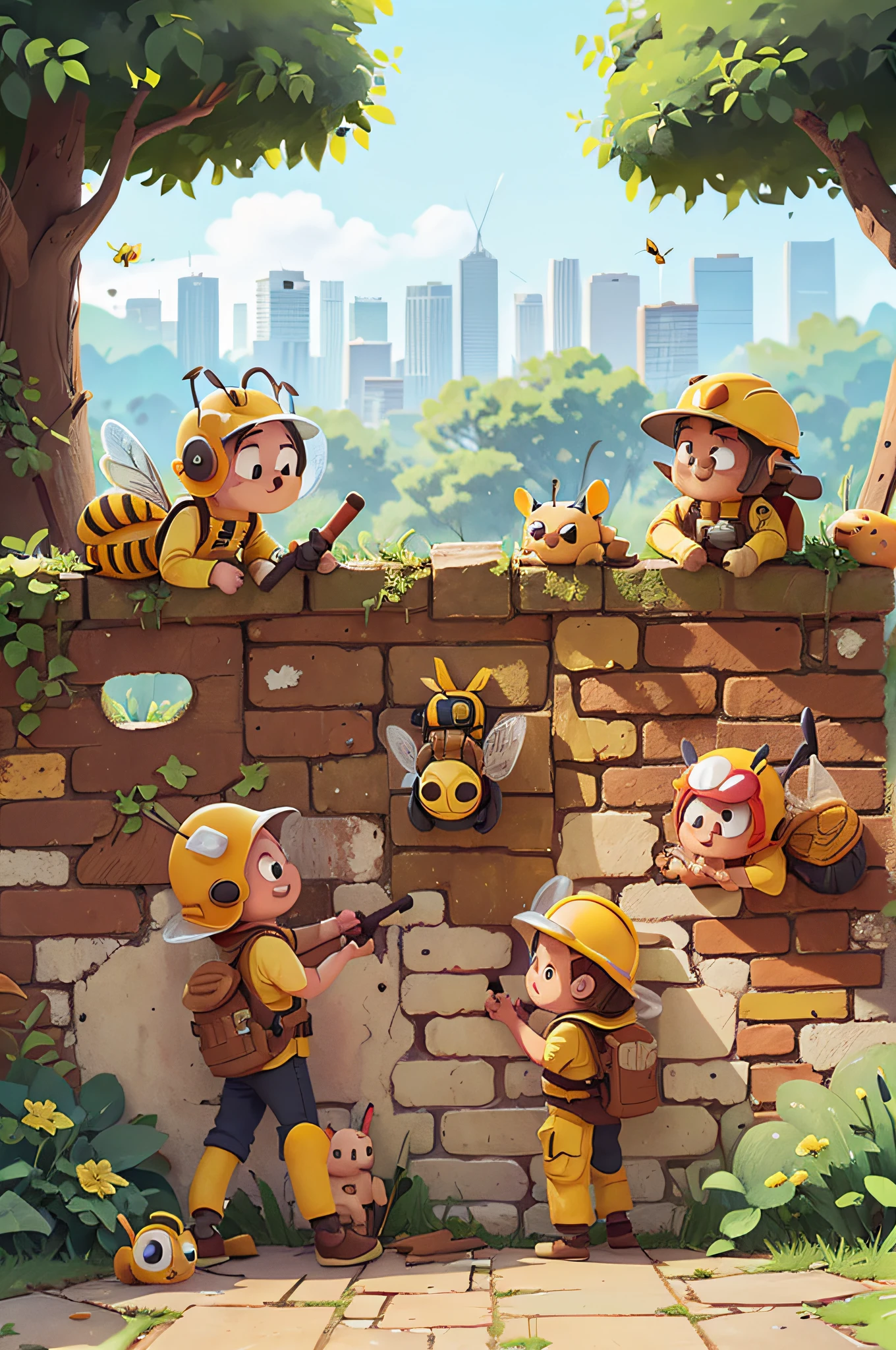 Several cartoon bees wearing safety helmets and holding tools are building a stone brick fence with their backs turned.,The wall is half built,There are many tools around me,brick,The wall is half built