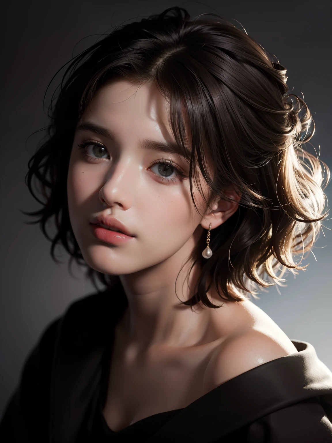 Best quality, masterpiece, ultra high res, (photorealistic:1.5), raw photo, 1girl, offshoulder, in the dark, deep shadow, low key, cold light, sexy look, short hair