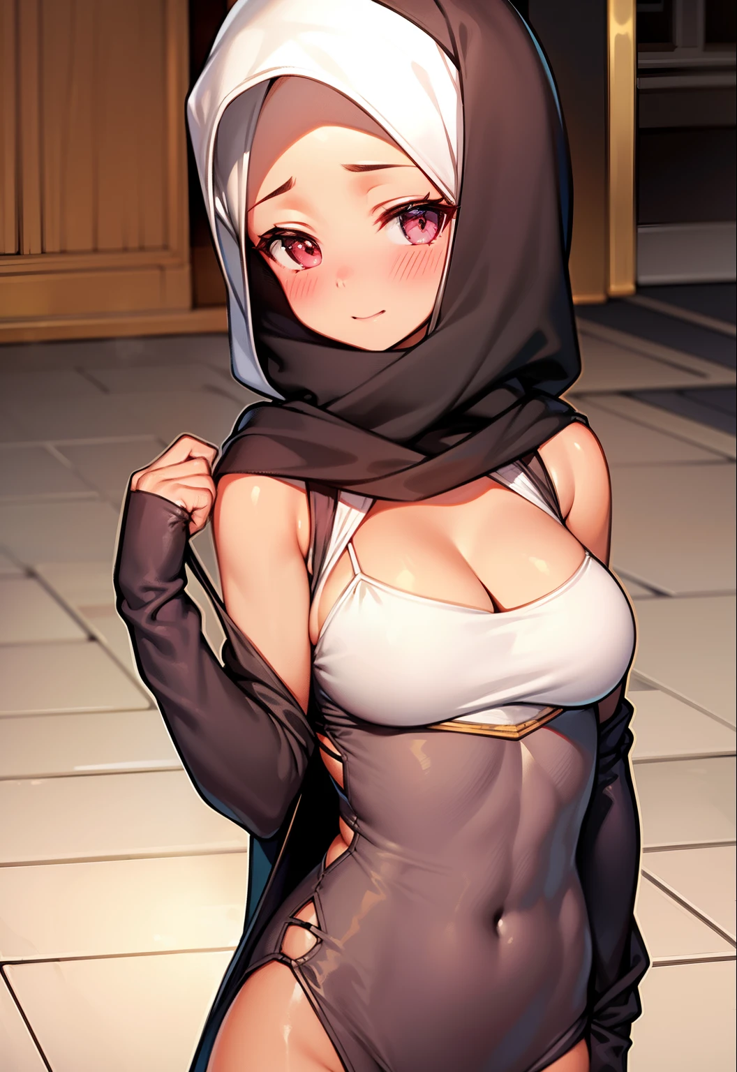 hijabi, best quality, masterpiece, upper body, standing, solo focus, medium breasts, one-piece_tan, tan, cleavage, looking at viewer, mall, (blush:1.2), happy