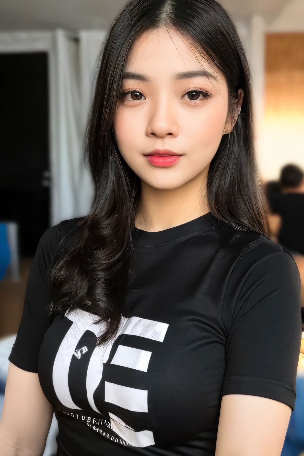 25 years old woman, bokeh, (photorealistic:1.4, realistic), highly detailed CG unified 8K wallpapers, 1girl, ((slender body:1)), looking at viewer, (HQ skin:1.4), 8k uhd, dslr, soft lighting, high quality, film grain, Fujifilm XT3, (((upper body:1.4))), (((black sleeves t-shirt))), (((indoo room))),