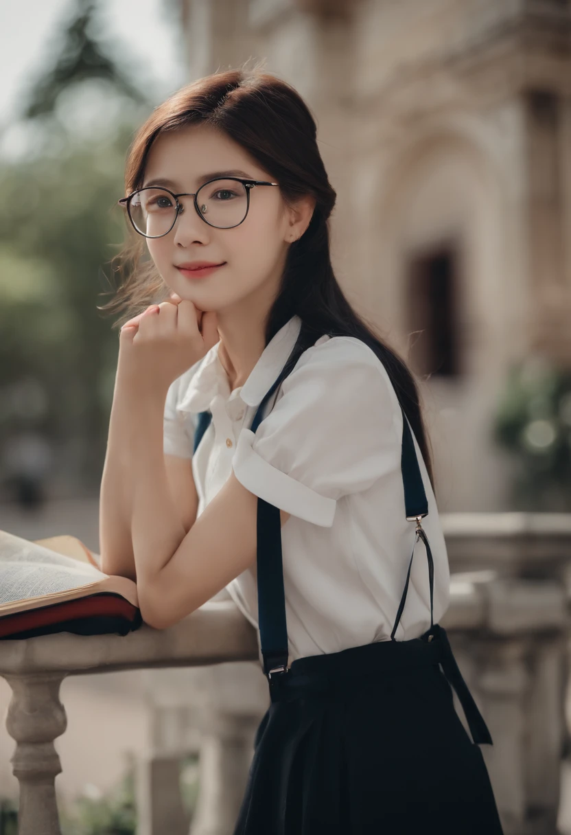 European and American girls(Around 18 years old),in school uniform,ssmile,wearing school bag,Books in hand,Wears black-framed glasses,Like real people,A half body,The face is clear