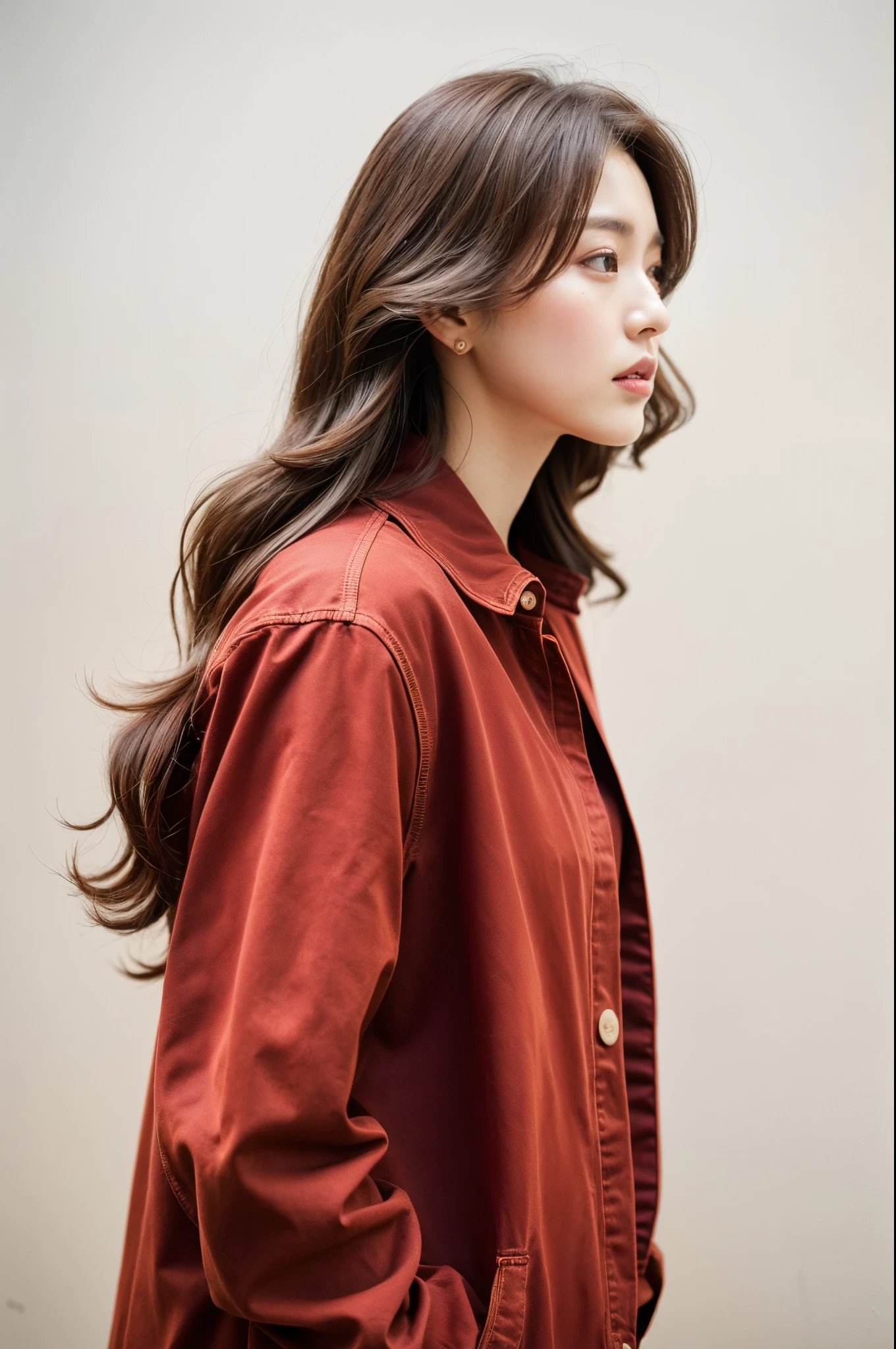 of the highest quality, 1 beautiful woman, age 28, S, 35mm lens, F/1, Cowboy Shot, Concrete background、Tile background、Medium perm hair、Riders Jacket　Shirt、Light red-brown hair、From Side