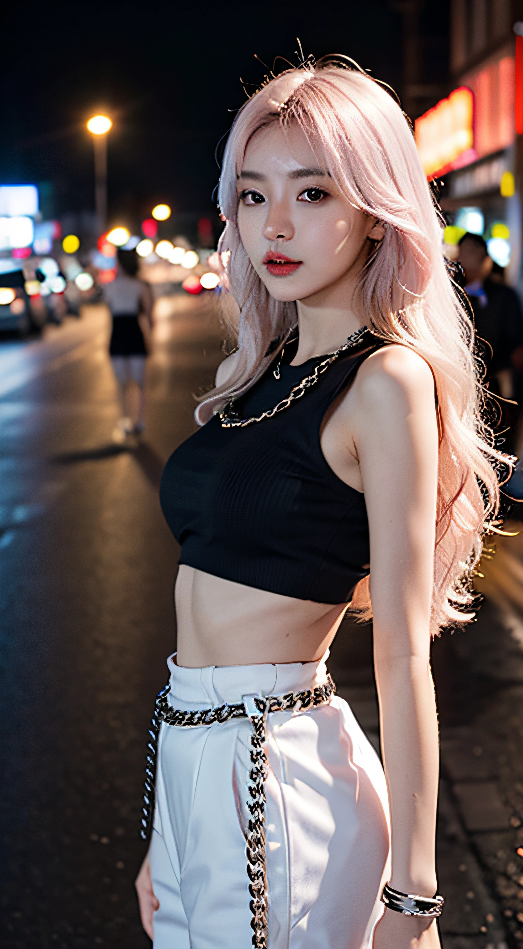 1 busty girl,175cm,Korean model,Korean night street,Soft body,photo from the side,White-pink hair,curlies,long, Long, waist-length hair,White watch,black wristbands,Black chain,black pink hoodie,self-shot,8K,raw,high high quality,tmasterpiece,realistically
