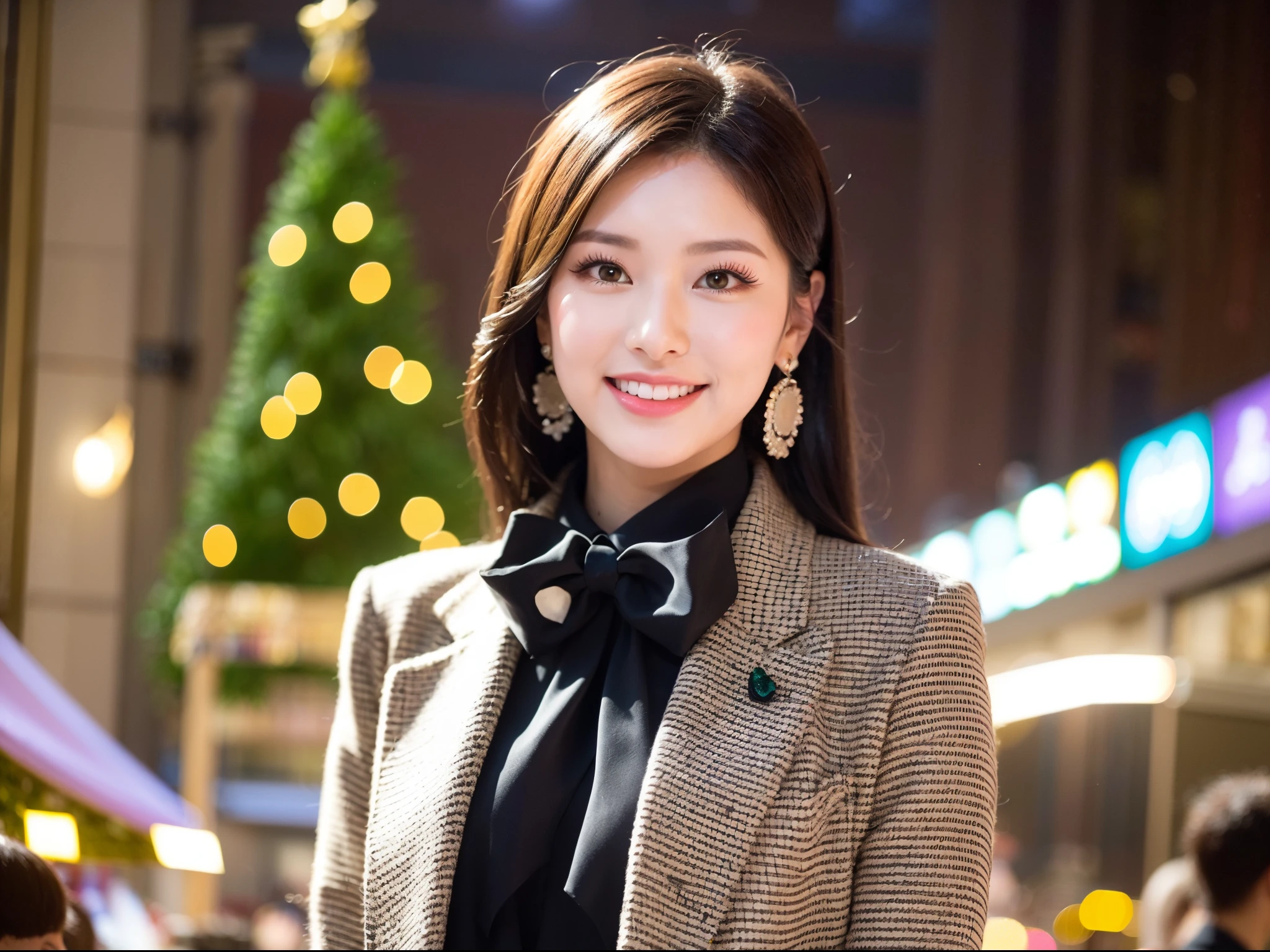 The image has、This photo shows a young woman with a happy expression in front of a Christmas tree.. she is standing in front of a warm background, Shining lights that create a bokeh effect. Woman wears dress with lace detail and structured blazer, and she has a white scarf. Her attire suggests a formal or semi-formal event. The lighting and her facial expressions give the impression of a festival or celebration., probably during the evening. Her earrings add elegance to her outfit, The overall atmosphere is happy and upbeat.