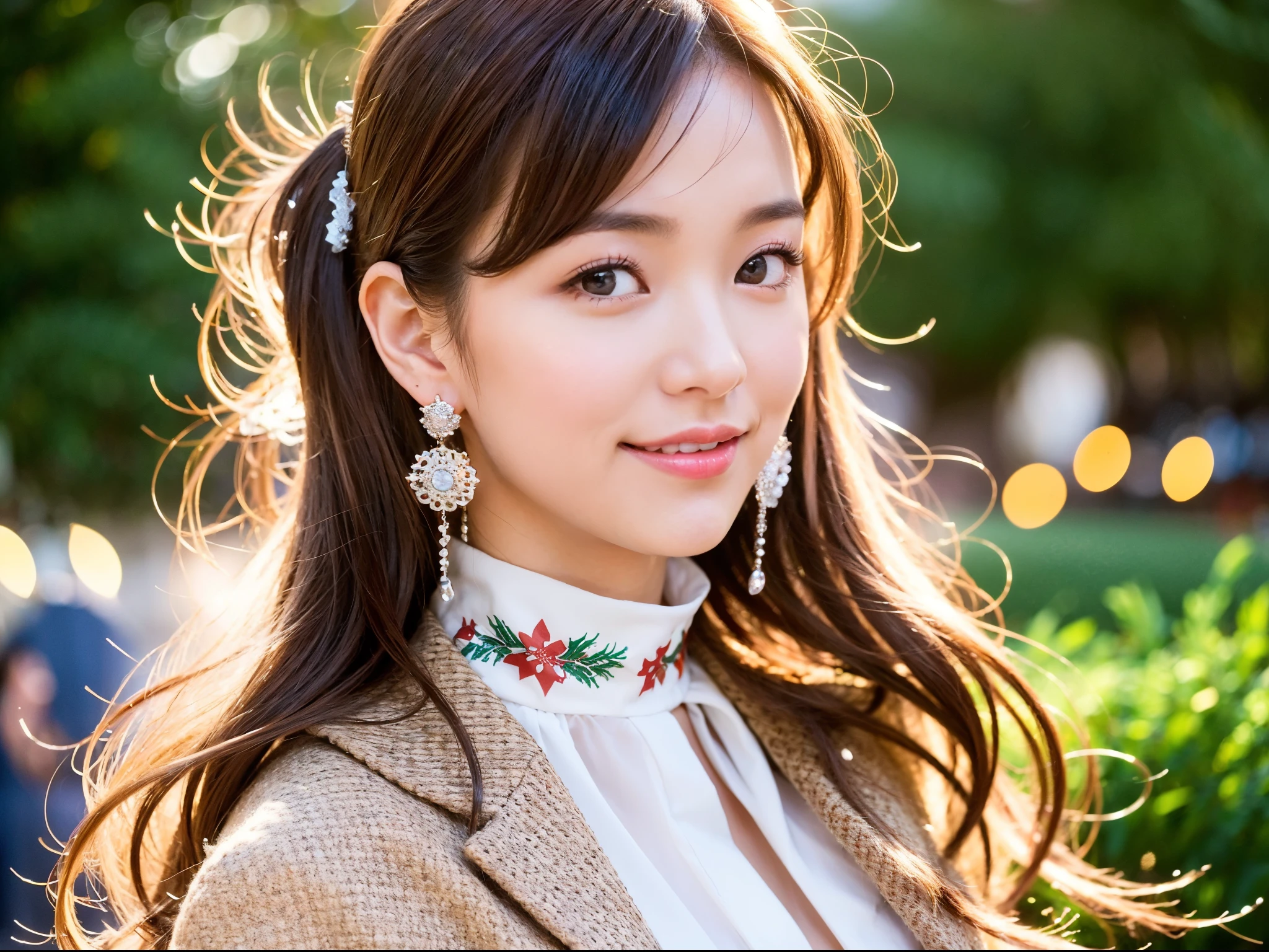 The image has、This photo shows a young woman with a happy expression in front of a Christmas tree.. she is standing in front of a warm background, Shining lights that create a bokeh effect. Woman wears dress with lace detail and structured blazer, and she has a white scarf. Her attire suggests a formal or semi-formal event. The lighting and her facial expressions give the impression of a festival or celebration., probably during the evening. Her earrings add elegance to her outfit, The overall atmosphere is happy and upbeat.