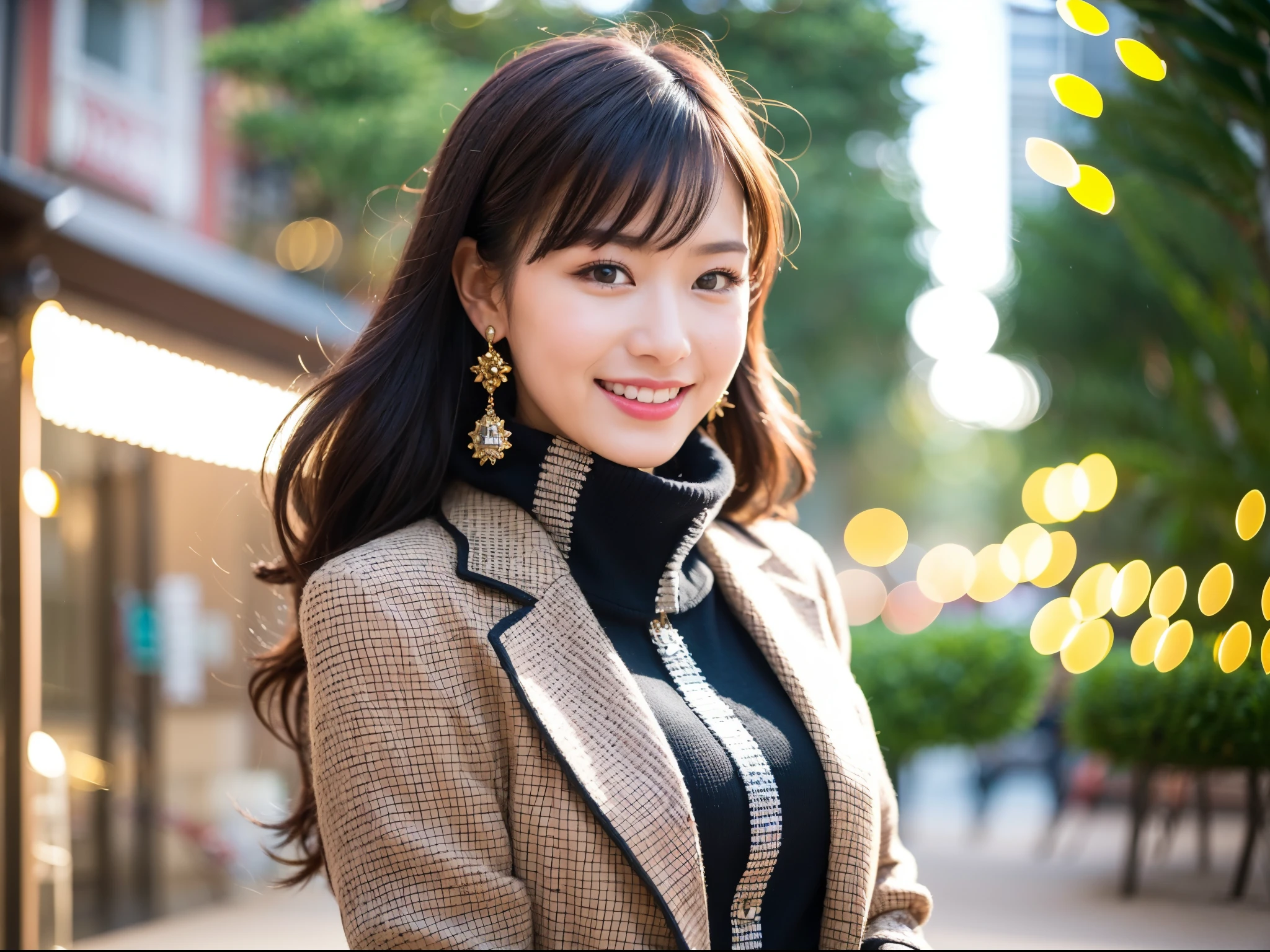 The image has、This photo shows a young woman with a happy expression in front of a Christmas tree.. she is standing in front of a warm background, Shining lights that create a bokeh effect. Woman wears dress with lace detail and structured blazer, and she has a white scarf. Her attire suggests a formal or semi-formal event. The lighting and her facial expressions give the impression of a festival or celebration., probably during the evening. Her earrings add elegance to her outfit, The overall atmosphere is happy and upbeat.