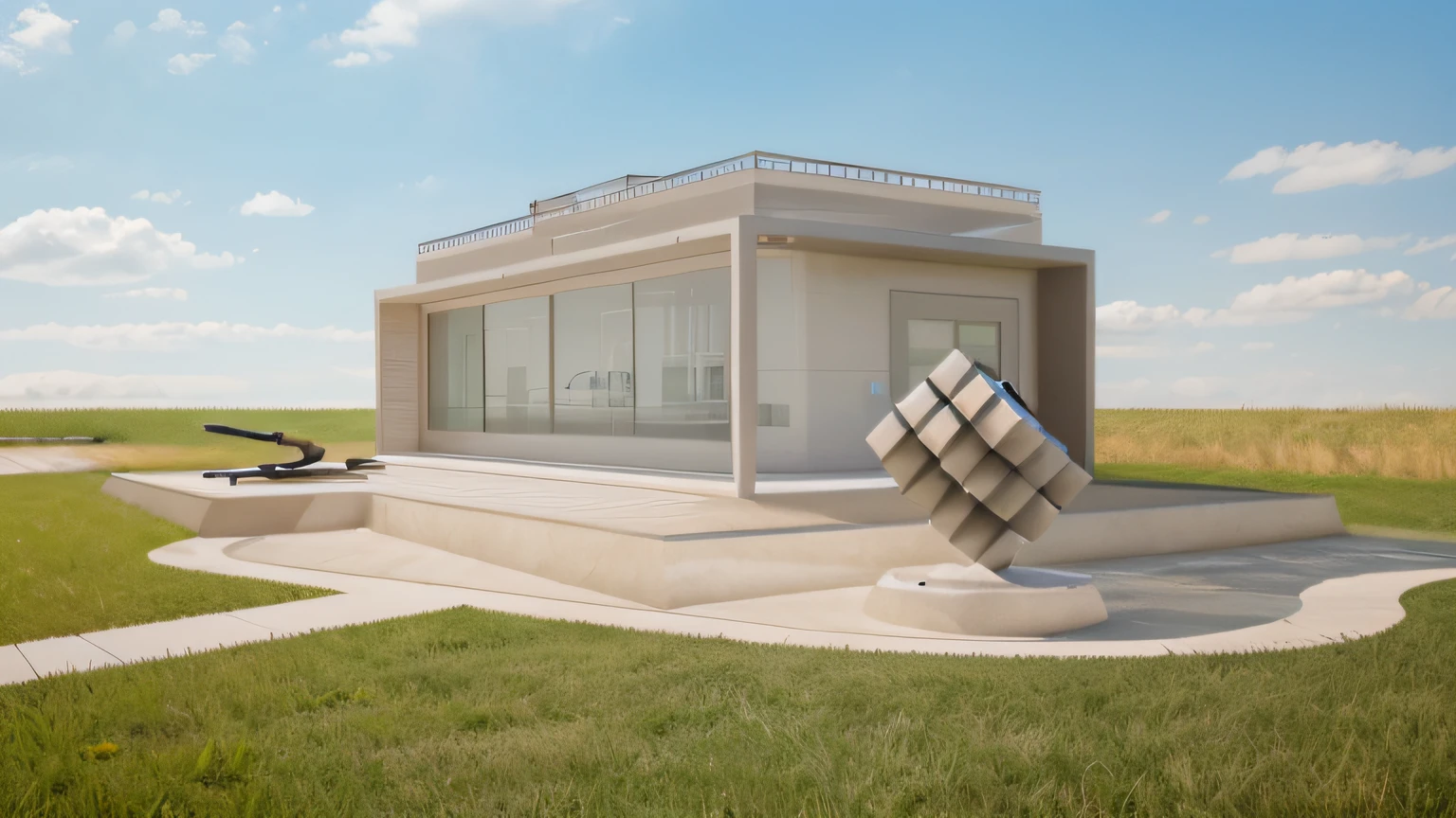 a rendering of a plaza in front of one office building,
stone pathway to building and from right to left,
one steel sculpture on the left and one steel sculpture on the right,
hilly grass between building and plaza,
((nice grass lawn)),
beautiful sky,
daylight, bright daylight,
two-point perspective, human perspective,
realistic, masterpiece, ultra-detailed, 4K, photographic rendering, commercial
rendering