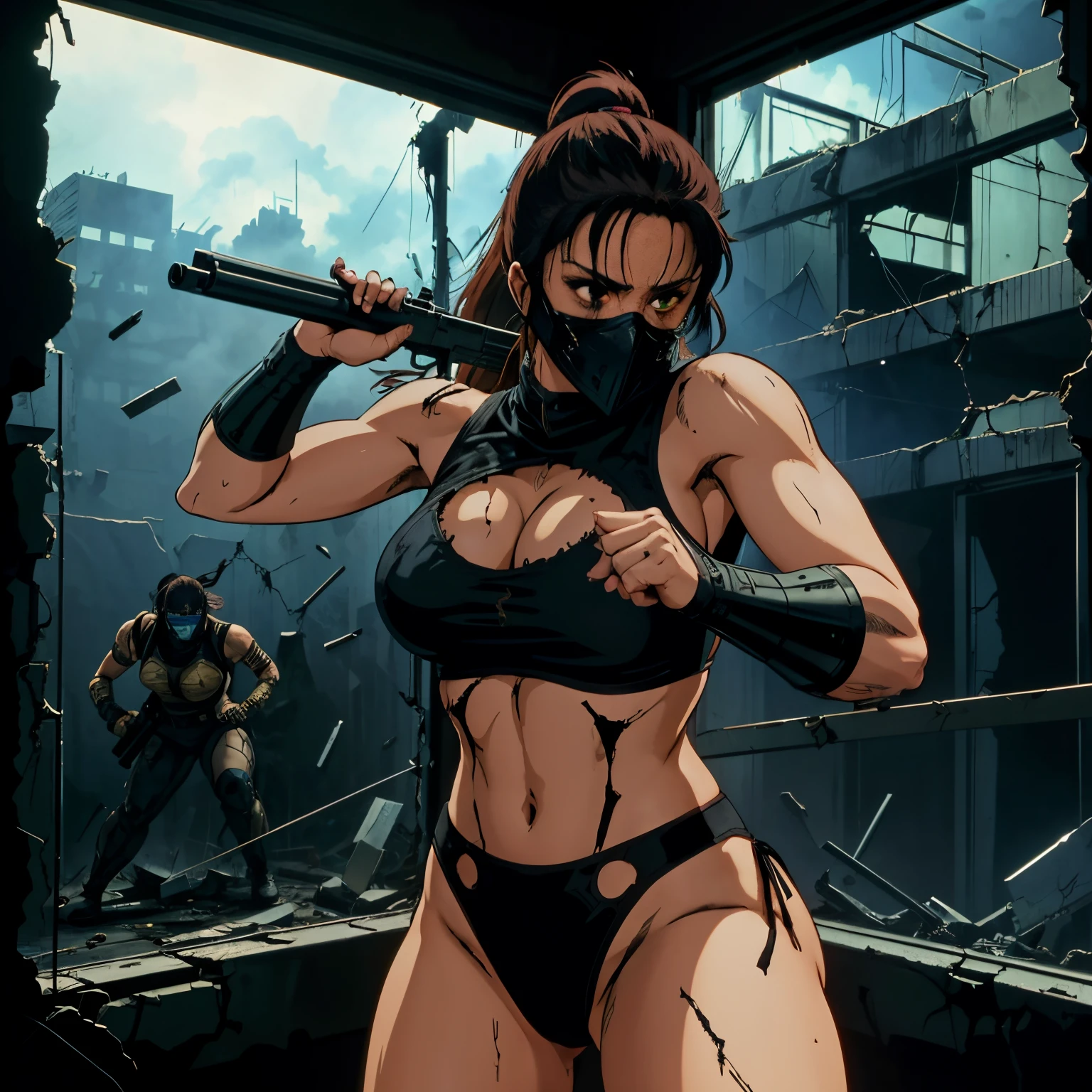 HNKstyle, hot woman wearing mask, armored bikini, ponytail, fighting a dark force, shooting with a gun through a broken window of a run down house, explosions around, intricate details, appealing, looking at viewer, horror art, dark, comic book style in HNKstyle