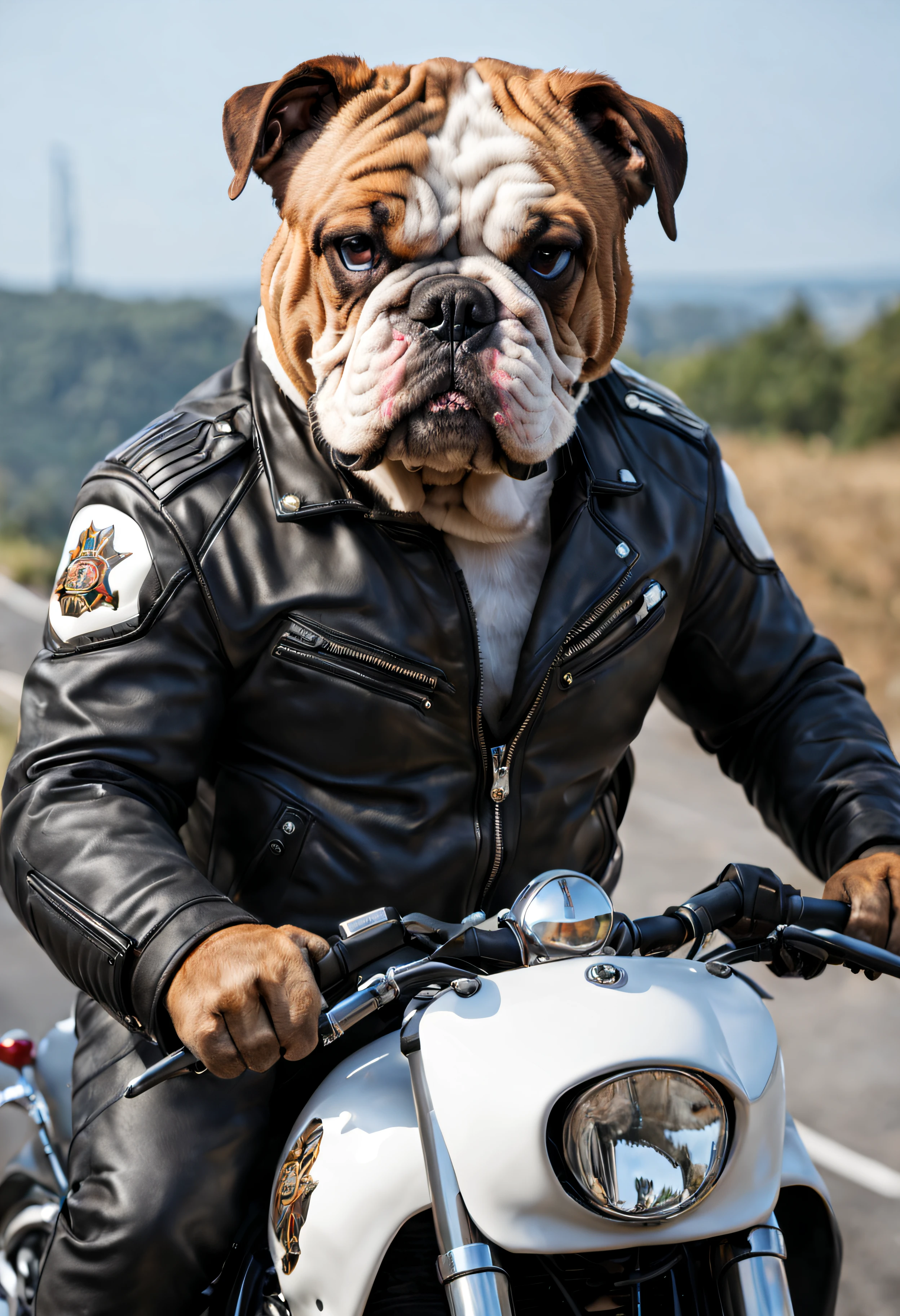 bulldog anglais, sur une moto, veste de motard, casque de motard