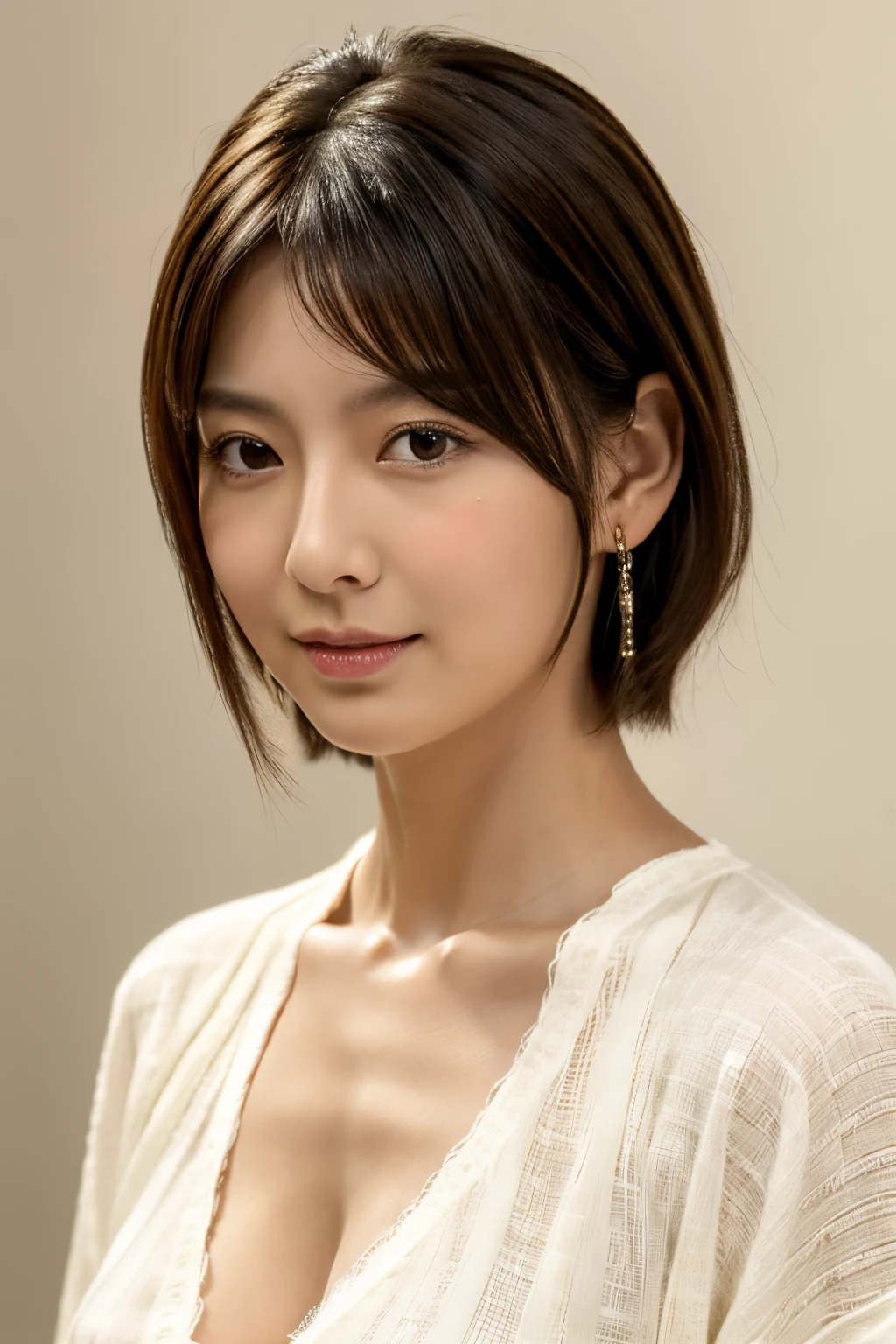 top-quality, masterpiece, 8k wallpaper, Photorealsitic, Frontal photo of a beautiful Japanese woman, Colossal tits, Open Shirt, cleavage, short-hair, straight haired, Hairstyle with ears out, A detailed face, A detailed eye, ((See the viewer's eyes)), Both arms are lowered