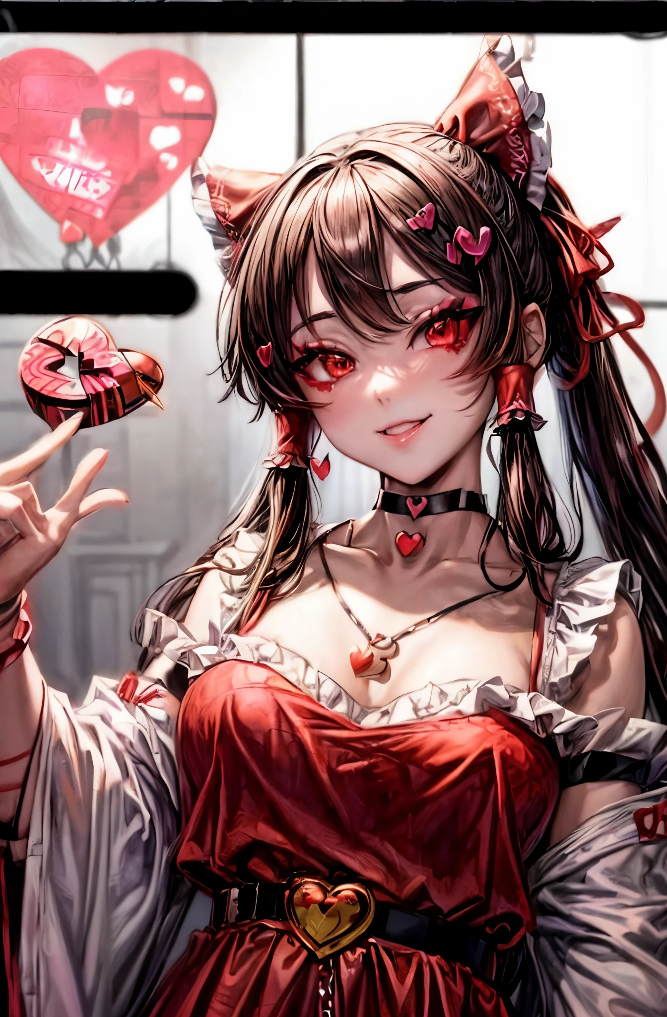 Reimu Hakurei at a rave, looking at the viewer with an seductive smile while dancing, confident, nightclub, neon lights,Brown hair, brown eyes, ((bangs, red ribbon:1.3)), e-girl outfit:1.7, (((Eyeliner, Heart-Shaped Stamp, Choker, Belt Chain:1.3))), teenager,