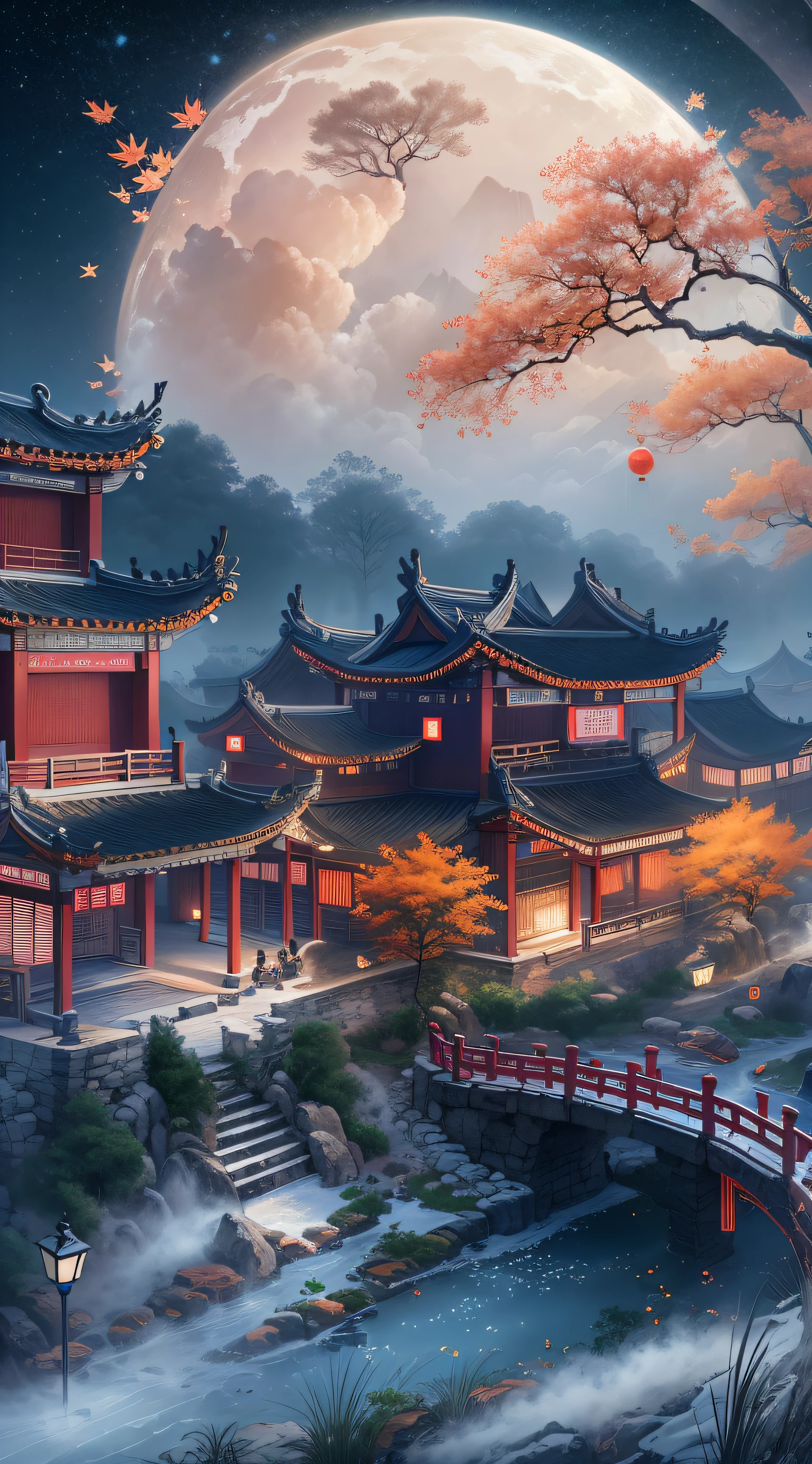 In a surreal CG rendering of ancient China,Jiangnan ancient buildings and ancient towns have Yaolin Wonderland。the night,The stars are bright,The smoke is fascinating,Maple and milk leaves are trees。snow landscape。k hd