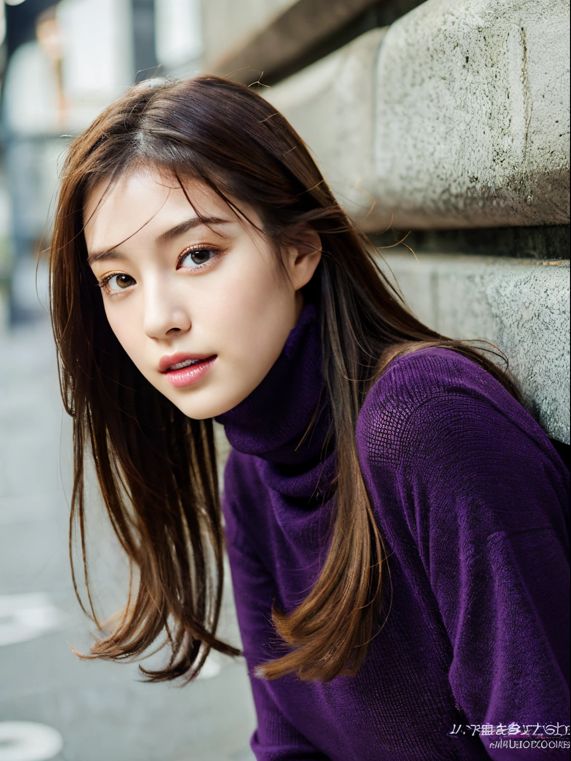 (A hyper-realistic), , (hight resolution), (8K), (ighly detailed), (The best illustrations), (beatiful detailed eyes), (top-quality), (ultra-detailliert), (masterpiece), (mortar wallpaper), (详细的脸), a park,Armpit, Thick,,,独奏,A girl wearing a dark purple long-sleeved turtleneck knit, full of sweat, japanes, ,Concrete background、Tile background、Upper body、Long hair、Curly hair,Realistic eyes、Redhead hair color