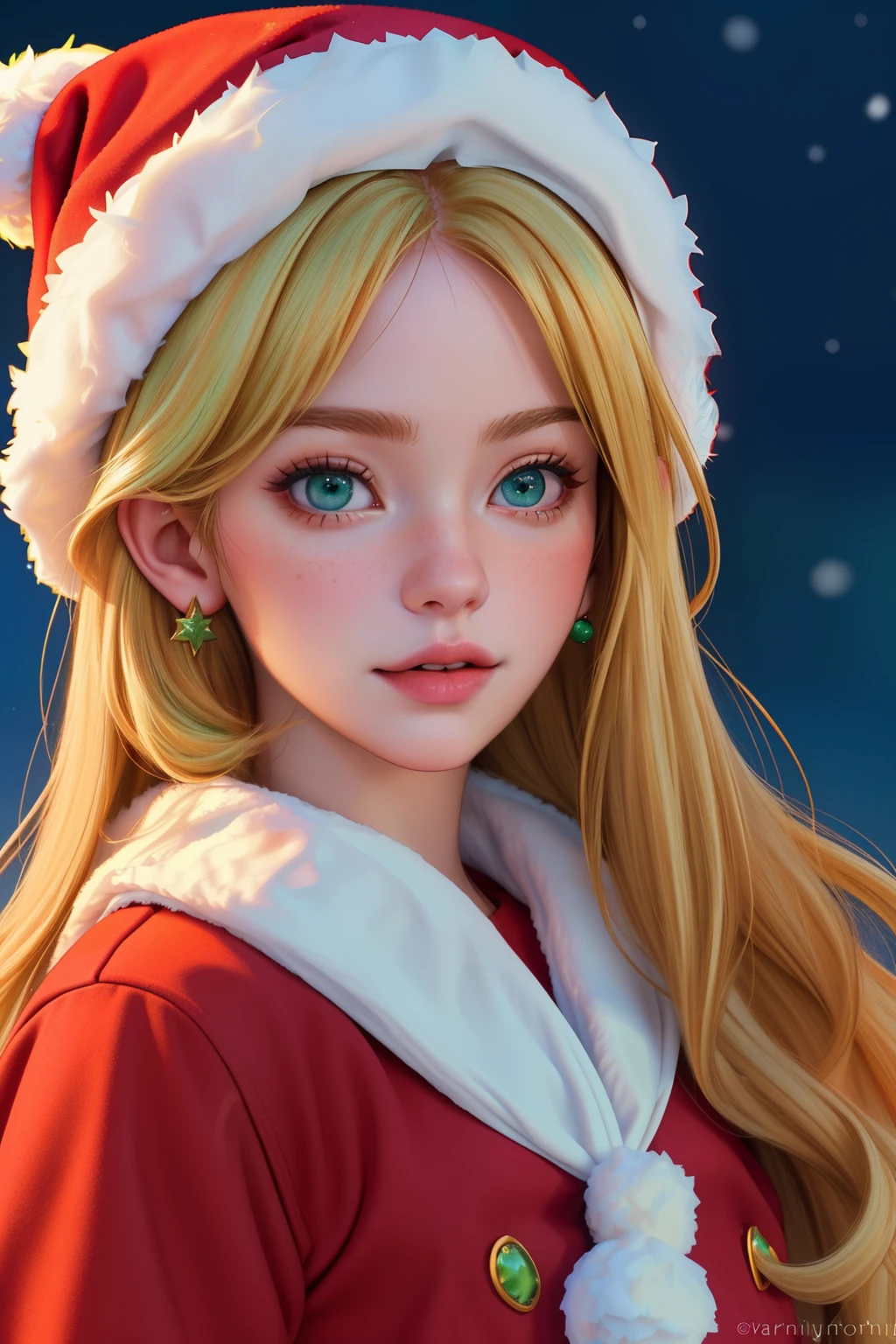 photo of woman standing, portrait 1girl, beautiful, full bofy, masterpiece, [Emma Watson|Karen Gillan|Emma Roberts], beautiful, thepit bimbo, snow, closeup, colorful, night time, dressed in santa costume, red hat, green eyes, blond hair, realistic, detailed eyes, puffy lips, complementary colors, high contrast,