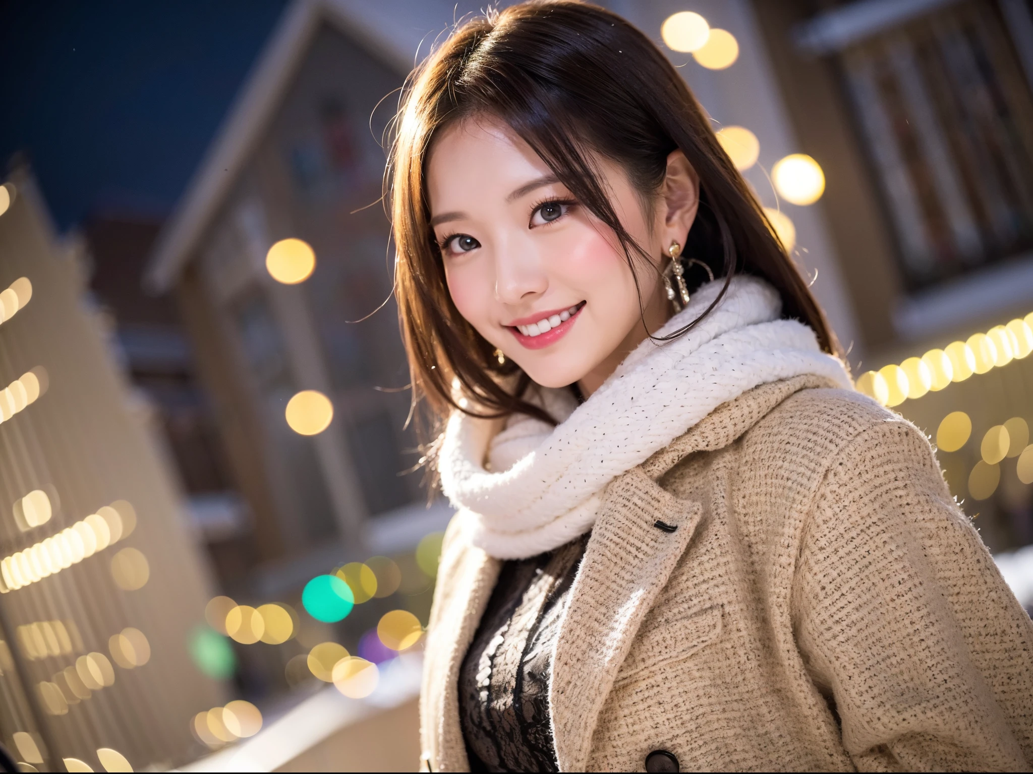 The image has、This photo has、This photo shows a young woman with a happy expression in front of a snowing Christmas tree at night。.. she is standing in front of a warm background, Shining lights that create a bokeh effect. Woman wears dress with lace detail and structured blazer, and she has a white scarf. Her attire suggests a formal or semi-formal event. The lighting and facial expressions create a festival and celebratory atmosphere.., probably during the evening. her earrings add elegance to her outfit, The overall atmosphere is happy and bright.