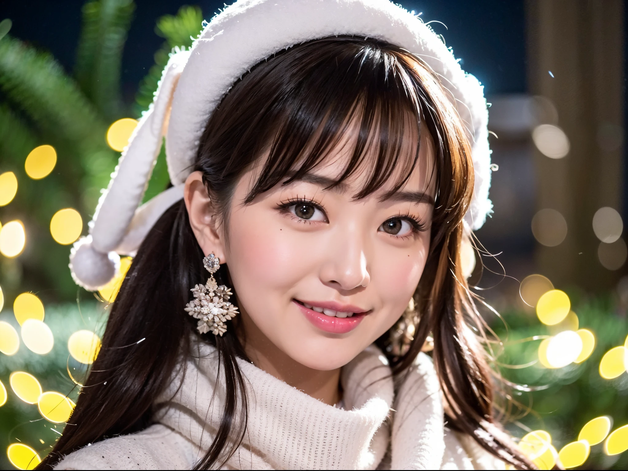 The image has、This photo has、This photo shows a young woman with a happy expression in front of a snowing Christmas tree at night。.. she is standing in front of a warm background, Shining lights that create a bokeh effect. Woman wears dress with lace detail and structured blazer, and she has a white scarf. Her attire suggests a formal or semi-formal event. The lighting and facial expressions create a festival and celebratory atmosphere.., probably during the evening. her earrings add elegance to her outfit, The overall atmosphere is happy and bright.