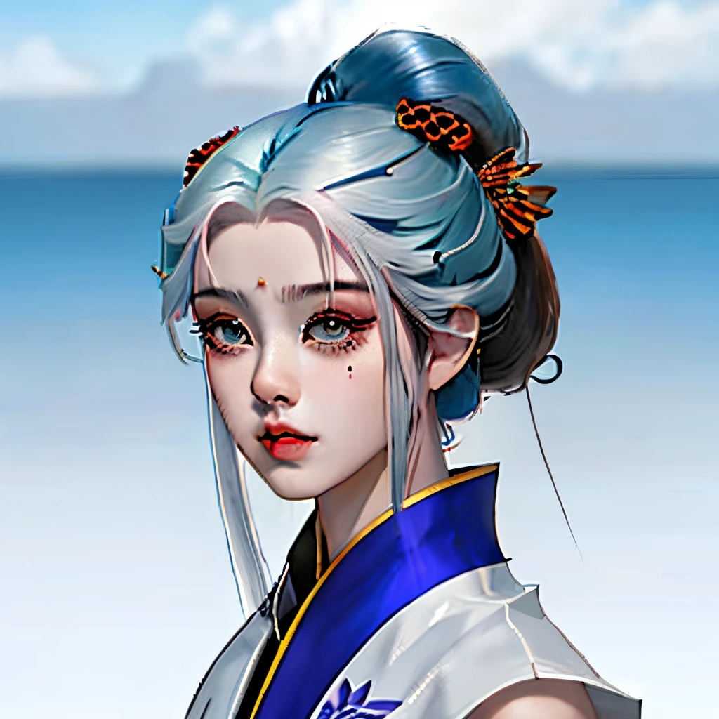 estilo Kimetsu no yaiba, mulher de cabelos marrom claro, uma mecha azul claro na frente, olhos marrom claro, cabelo com coque, Asian appearance, Kimono azul escuro com pontas de flocos de neve, segurando uma katana Preta com azul