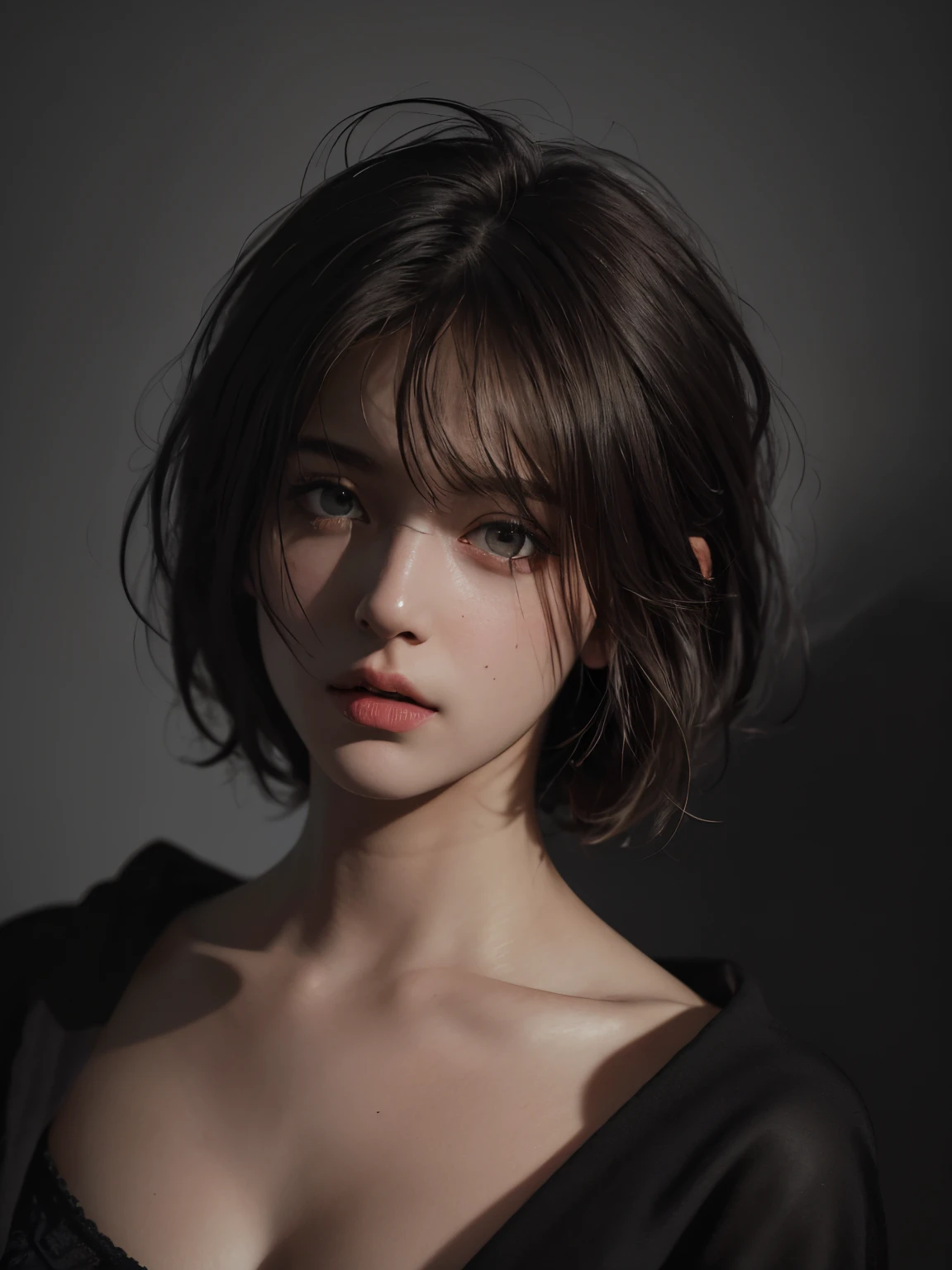 Best quality, masterpiece, ultra high res, (photorealistic:1.5), raw photo, 1girl, offshoulder, in the dark, deep shadow, low key, cold light, sexy look, short hair