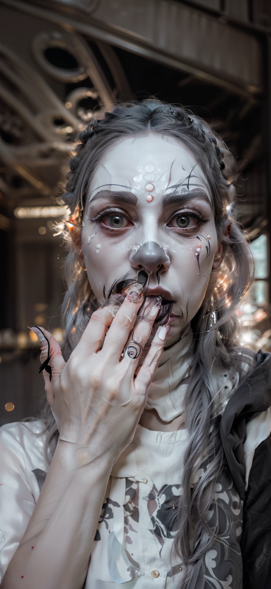 there is a woman with long gray hair and a white shirt, scary look, hands on the face, Gray contacts, face paint around eyes, creative makeup, realistic cosplay, Inspiration from Princess Mononoke, Scary pose, long crooked nose, scary face, white face makeup, thin button nose, Creepy theme, pointy nose, white prosthetic eyes, sunken cheeks,