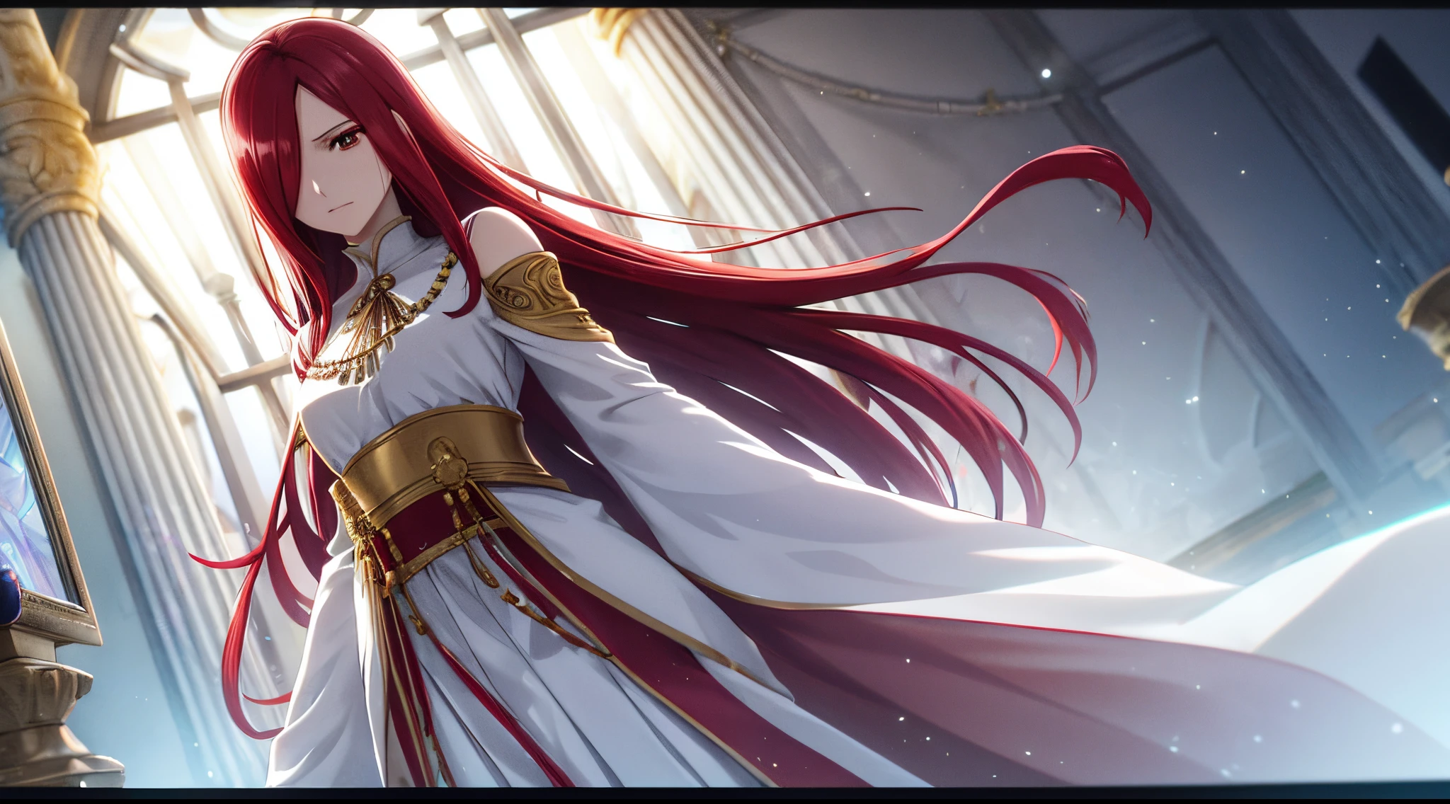 erza, 1girl, solo, long_hair, medium breasts,brown_eyes,red_hair,hair over one eye, standing, looking at viewer,ethereal white robe, praying beads on neck, long skirt,golden athens temple street, anime style,deep depth of field,wide angle view,Lumen Reflections,Screen Space Reflections,Diffraction Grading,Chromatic Aberration,GB Displacement,Scan Lines,Ray Traced,Anti-Aliasing,FXAA,TXAA,RTX,SSAO,Shaders,OpenGL-Shaders,GLSL-Shaders,Post Processing,Post-Production,cell Shading,Tone Mapping,CGI,VFX,SFX,insanely detailed and intricate, 4K