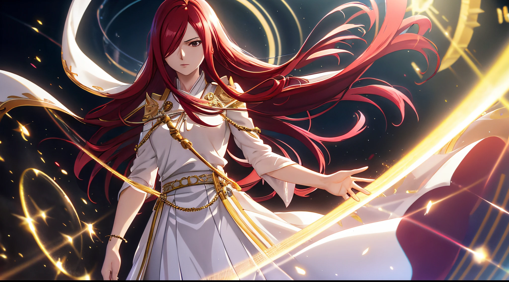 erza, 1girl, solo, long_hair, medium breasts,brown_eyes,red_hair,hair over one eye, standing, looking at viewer,ethereal white robe, praying beads on neck, long skirt,golden athens temple street, anime style,deep depth of field,wide angle view,Lumen Reflections,Screen Space Reflections,Diffraction Grading,Chromatic Aberration,GB Displacement,Scan Lines,Ray Traced,Anti-Aliasing,FXAA,TXAA,RTX,SSAO,Shaders,OpenGL-Shaders,GLSL-Shaders,Post Processing,Post-Production,cell Shading,Tone Mapping,CGI,VFX,SFX,insanely detailed and intricate, 4K