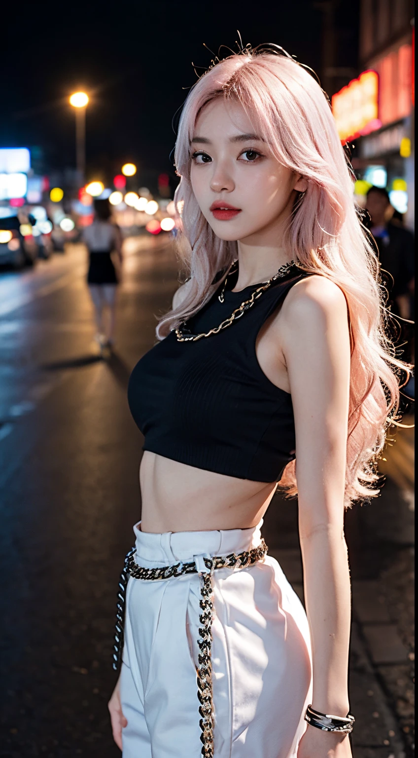 1 busty girl,175cm,Korean model,Korean night street,Soft body,photo from the side,White-pink hair,curlies,long, Long, waist-length hair,White watch,black wristbands,Black chain,black pink hoodie,self-shot,8K,raw,high high quality,tmasterpiece,realistically