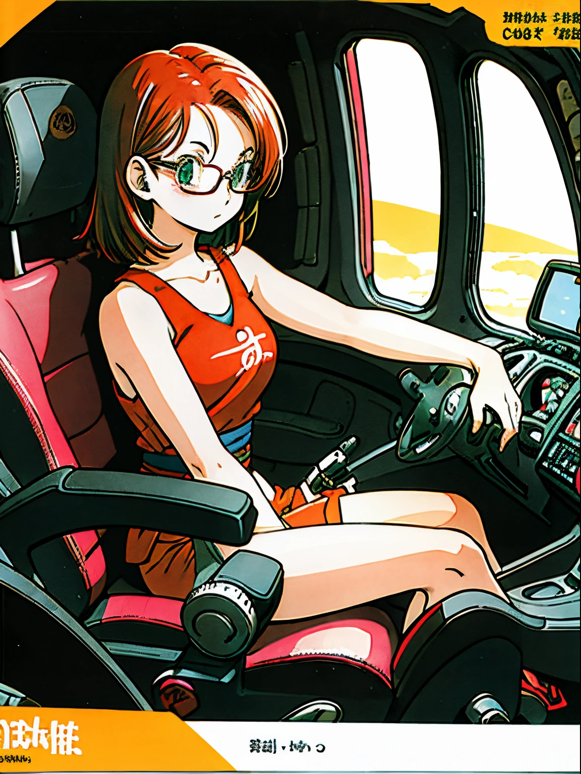 Manga cover, Cover showing the title in Japanese, personagem de corpo inteiro, rosto detalhado, roxo e rosa , determination, alta qualidade, eye correction. Manga-style cover, medium red hair, solo, female, boho, tan tank top, warm colors, green eyes, bare hands, sitting in cockpit, glasses,