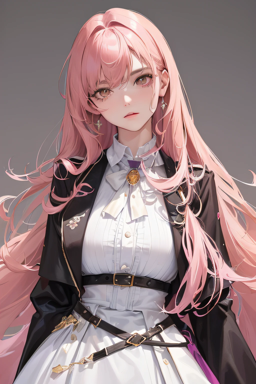 (Highest high resolution, distinct_graphic) Best quality at best, A masterpiece of women, The content is very detailed, Semi-realistic,(Most of the body),Pink Long Hair, through bangs, 18yr old, young,Black accessories,Pink-purple flight suit,stand-up collared shirt,sharpy face,(Brown eyes, hair between eye), fluorescent long coat (brokenglass),(with a pure white background),Cold, Serious,Authority,strong,(Standing Picture),(exquisite facial features, exquisite facial features)