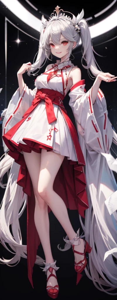 (fully body photo:1.4),white backgrounid,(1 Witch,Flash fluorescence,Hats,Stylish miko costume,Delicate tiara,ssmile),(paper art,Quilted paper art,geometry),(Lots of colors,Best quality at best,high detal,tmasterpiece,movie light effect,4K,lightand shade contrast),Colossal tits,Red clothes,pigtails,Blue knee-length socks,luminous totem,Red-eyed,silber hair,pigtails