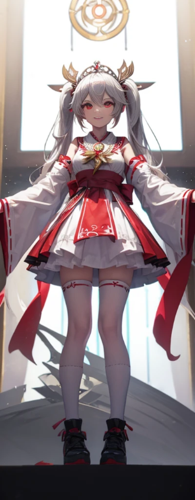 (fully body photo:1.4),white backgrounid,(1 Witch,Flash fluorescence,Hats,Stylish miko costume,Delicate tiara,ssmile),(paper art,Quilted paper art,geometry),(Lots of colors,Best quality at best,high detal,tmasterpiece,movie light effect,4K,lightand shade contrast),Colossal tits,Red clothes,pigtails,Blue knee-length socks,luminous totem,Red-eyed,silber hair,pigtails