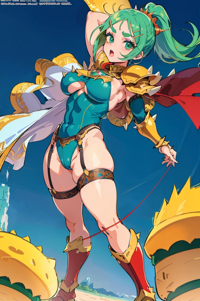 "(masterpiece:1.1), best quality,
1girl, (80s anime style:1.3), (eyelashes:1.5), (:1.2),
(intricate high detailed body:1.2),
green hair, forehead, (parted bangs, hairclip:1.1), (ponytail:1.1), (hair ornament:1.2),
green eyes, (thick eyebrows:1.1),
(muscular body:1.1), (gigantic breasts:1.1),
(naughty face:1.2), open mouth,
(string leotard armor, underboob cutout:1.2), (garter belt:1.2),
(spiked knight armor, armored boots, capelet:1.2), (belts:1.1), (jewelry:1.1), sleeve,
standing, dynamic pose,
(full body, looking at viewer, from front:1.1),
(daytime, grassland, outdoors:1.2)"