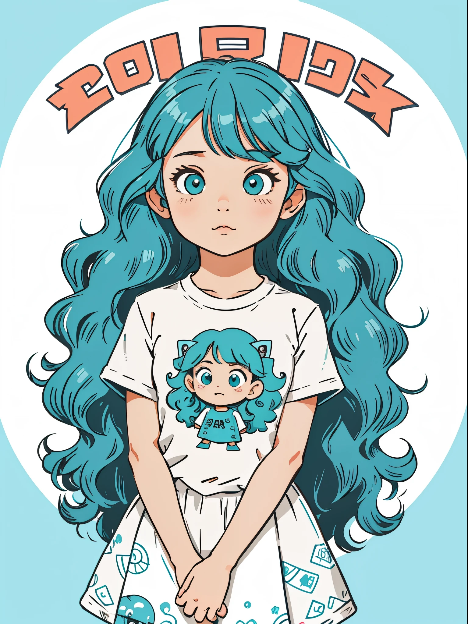 High quality design vector style image, T-shirt print style, Cute little girl s。Huge long hair。curlies。Large turquoise colored eyes。 Vector Image.