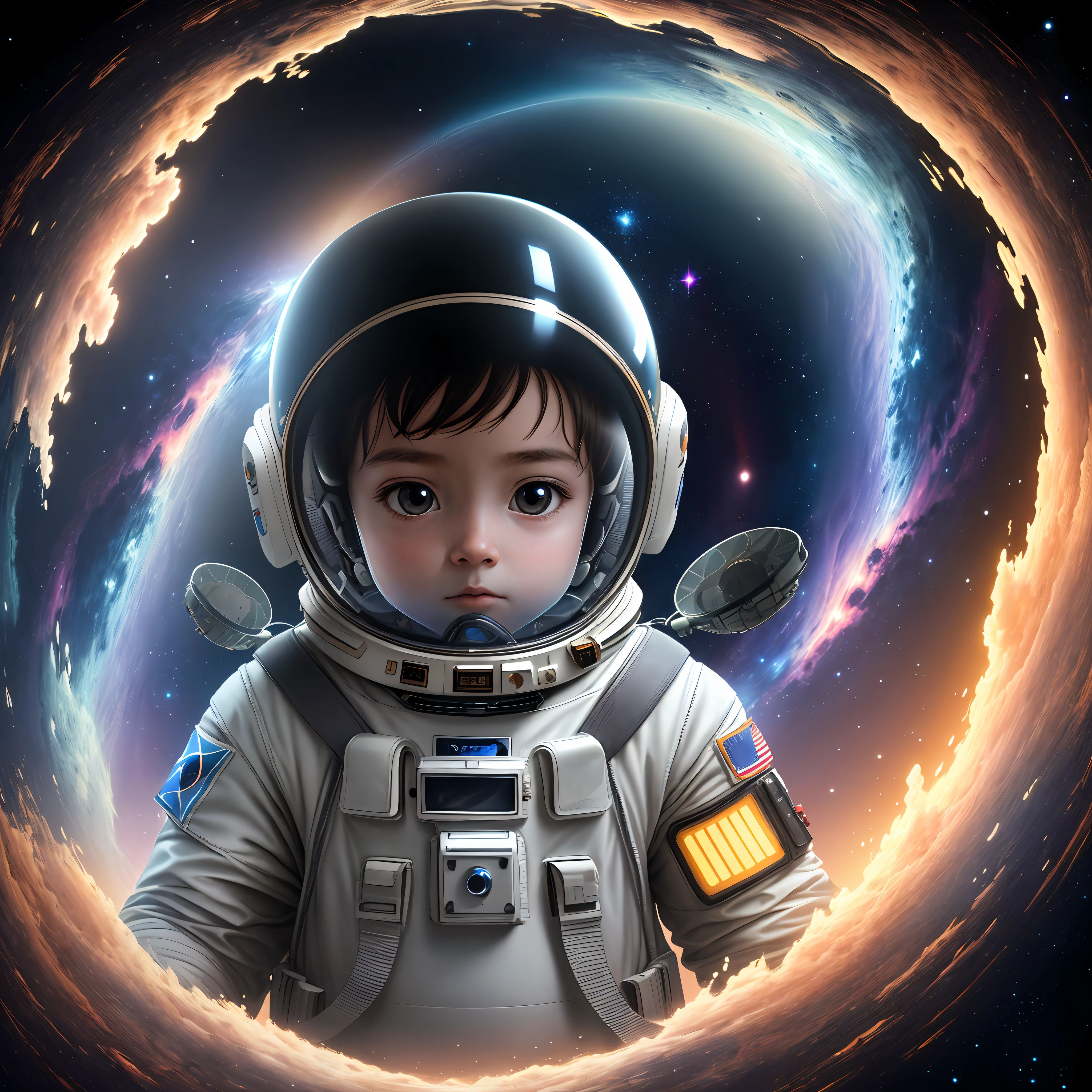 Galaxy war, smoke, Slice of watermelon, watermelon, potrait of natural highest quality, 5 year old girl holding broken teddy bear, ripped space costume, astrounout helmet, smoke around, interstellat, realistic, hyper realism, ultra detailed, laying down