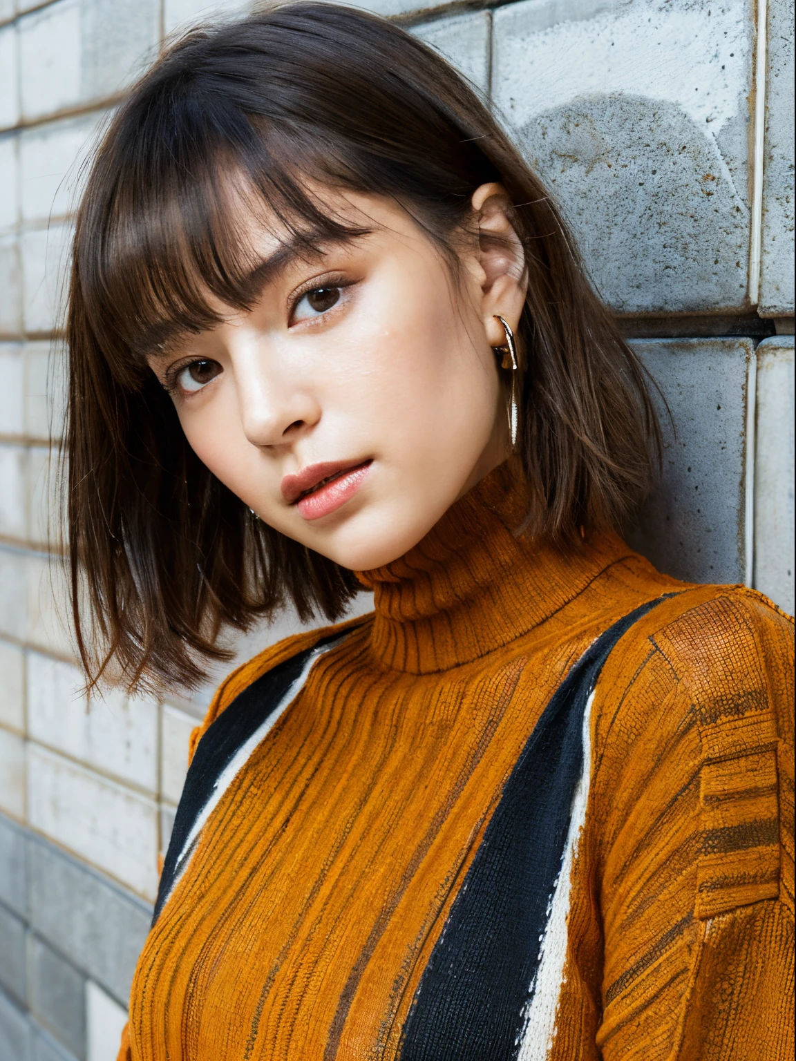 (A hyper-realistic), , (hight resolution), (8K), (ighly detailed), (The best illustrations), (beatiful detailed eyes), (top-quality), (ultra-detailliert), (masterpiece), (mortar wallpaper), (详细的脸), a park,Armpit, Thick,,,独奏,Girl wearing dark orange long-sleeved turtleneck knit and striped shirt, full of sweat, japanes, ,Concrete background、Tile background、Upper body、Fluffy bob cut、Curly hair,Realistic eyes,