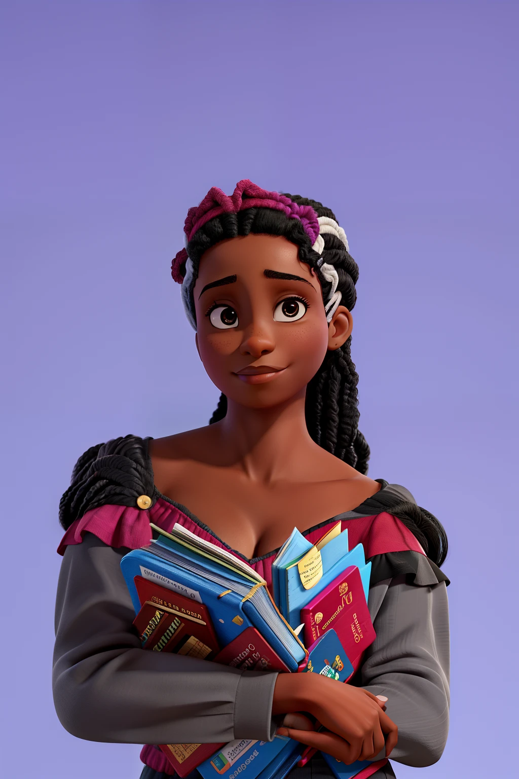 Uma mulher negra, de cabelos cacheados procurando livros na biblioteca e estudando