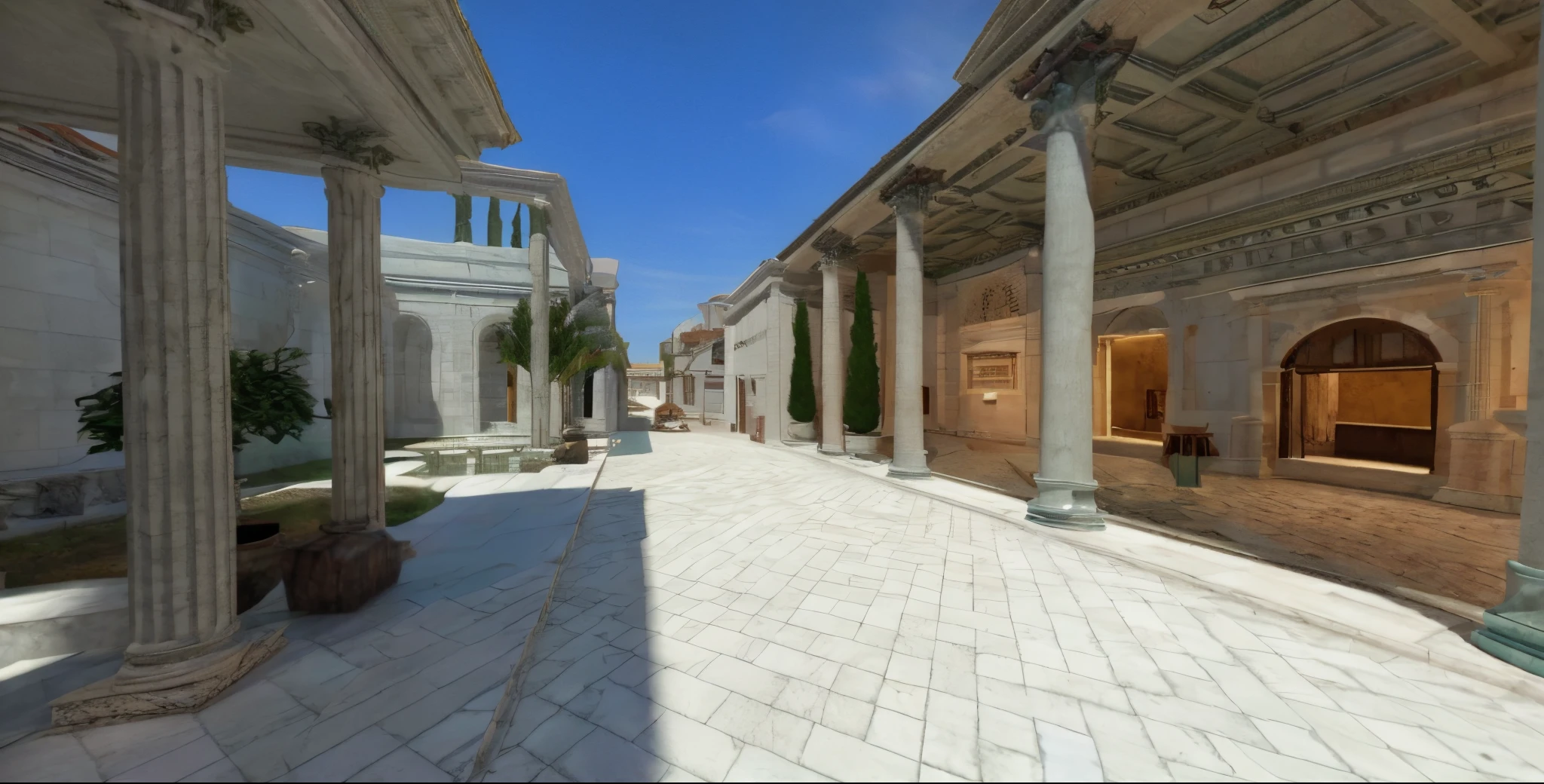 there is a courtyard with columns and a potted plant, ancient roman style, a wide open courtyard in an epic, ancient roman setting, ancient marble city, roman, old roman style, beautiful screenshot, rendered in rtx, caesar, colonnade, hyper photorealistic raytracing, inspired by Romano Vio, 3 d raytraced masterpiece, museum diffuse lighting