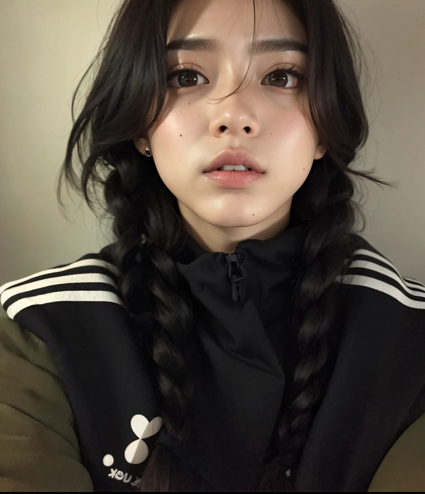 There is a woman with long hair wearing a black jacket, Ulzzang, Jisoo do Blackpink, wan adorable korean face,  coreana, jisoo do blackpink, cruel korean goth girl, Heonhwa Choe, young adorable korean face, 🤤 retrato da meninabochechas redondas, com rabo-de-porco preto, Kim Doyoung, Retrato Jisoo Blackpink, com rosto redondo, Jinyoung Canela