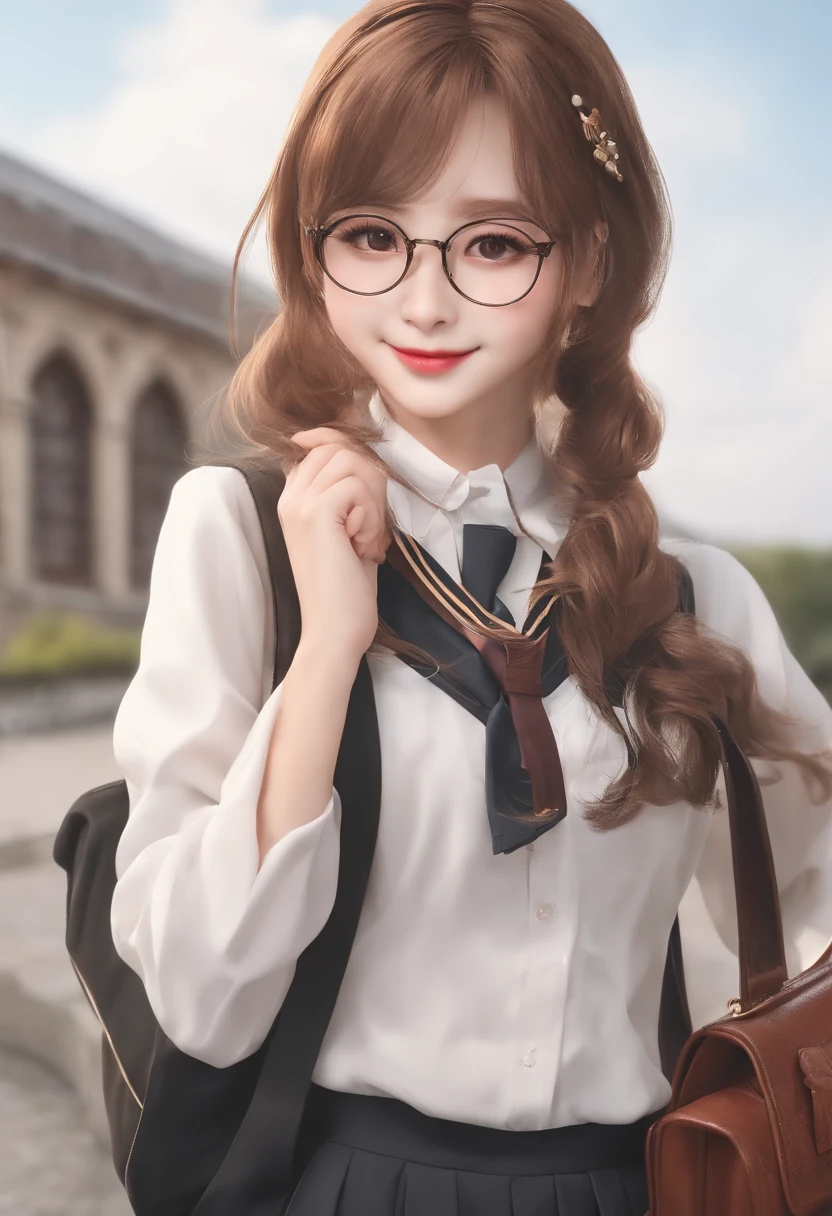 European and American girls(Around 18 years old),in school uniform,ssmile,wearing school bag,Books in hand,Do not wear glasses,Like real people,A half body,The face is clear,It must be a European and American girl,The face should be very clear