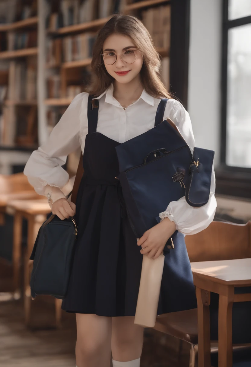 European and American middle school girls(Around 18 years old),in school uniform,ssmile,wearing school bag,Books in hand,Do not wear glasses,Like real people,A half body,The face is clear,It must be a European and American girl,The face should be very clear