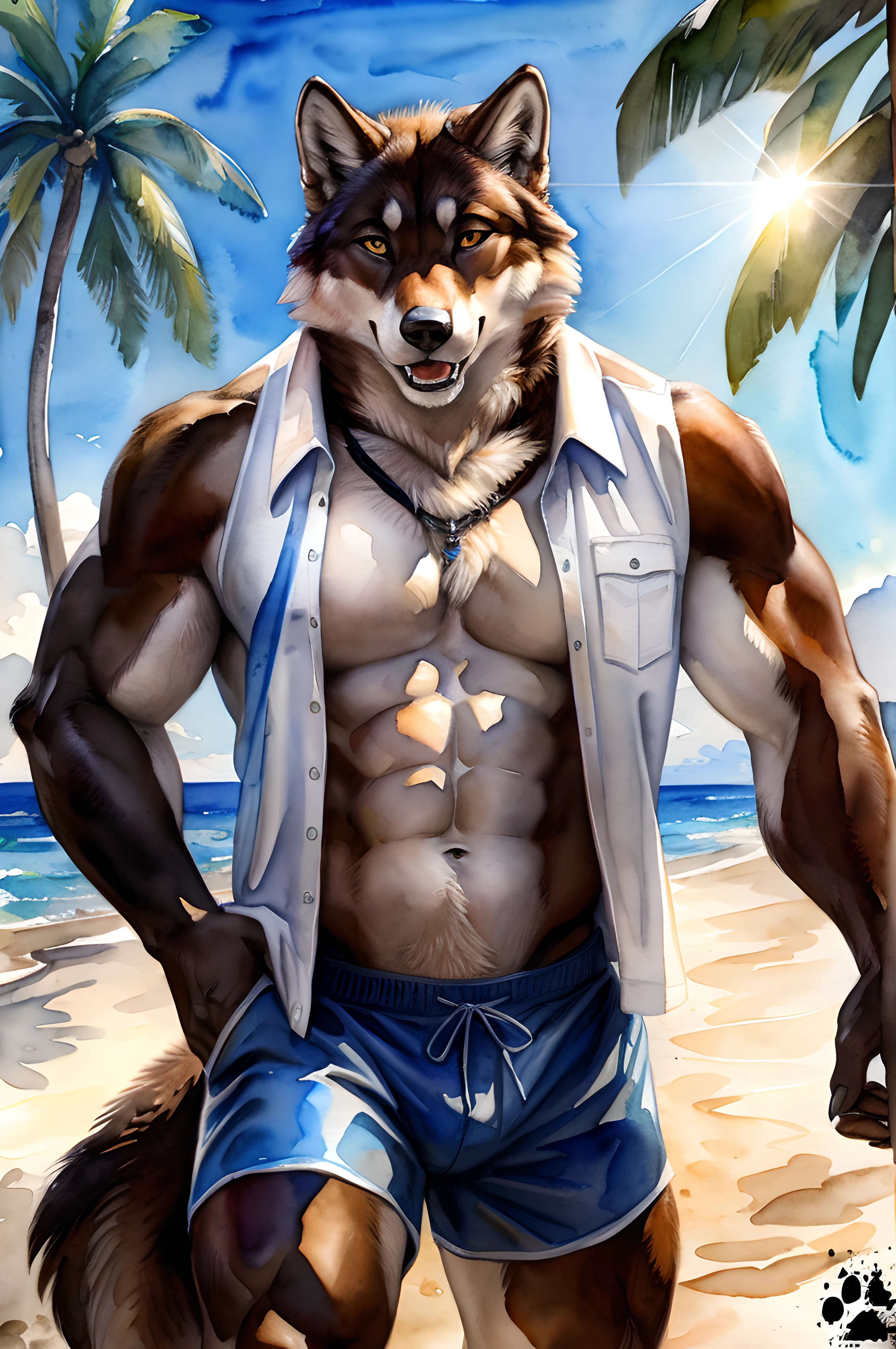 anthro wolf, swimshorts, beach shirt, open shirt, sexy, furry body, (very muscular, heavyweight:1.2), male, masculine, 4k, high resolution, detailed, correct anatomy, cartoony proportions, (beach background, beautiful sky), (by blotch:1.1), (by chunie:0.3) detailed wolf eyes, masterpiece, correct colors, correct lighting, detailed, lens flare, sexy, happy, watercolor